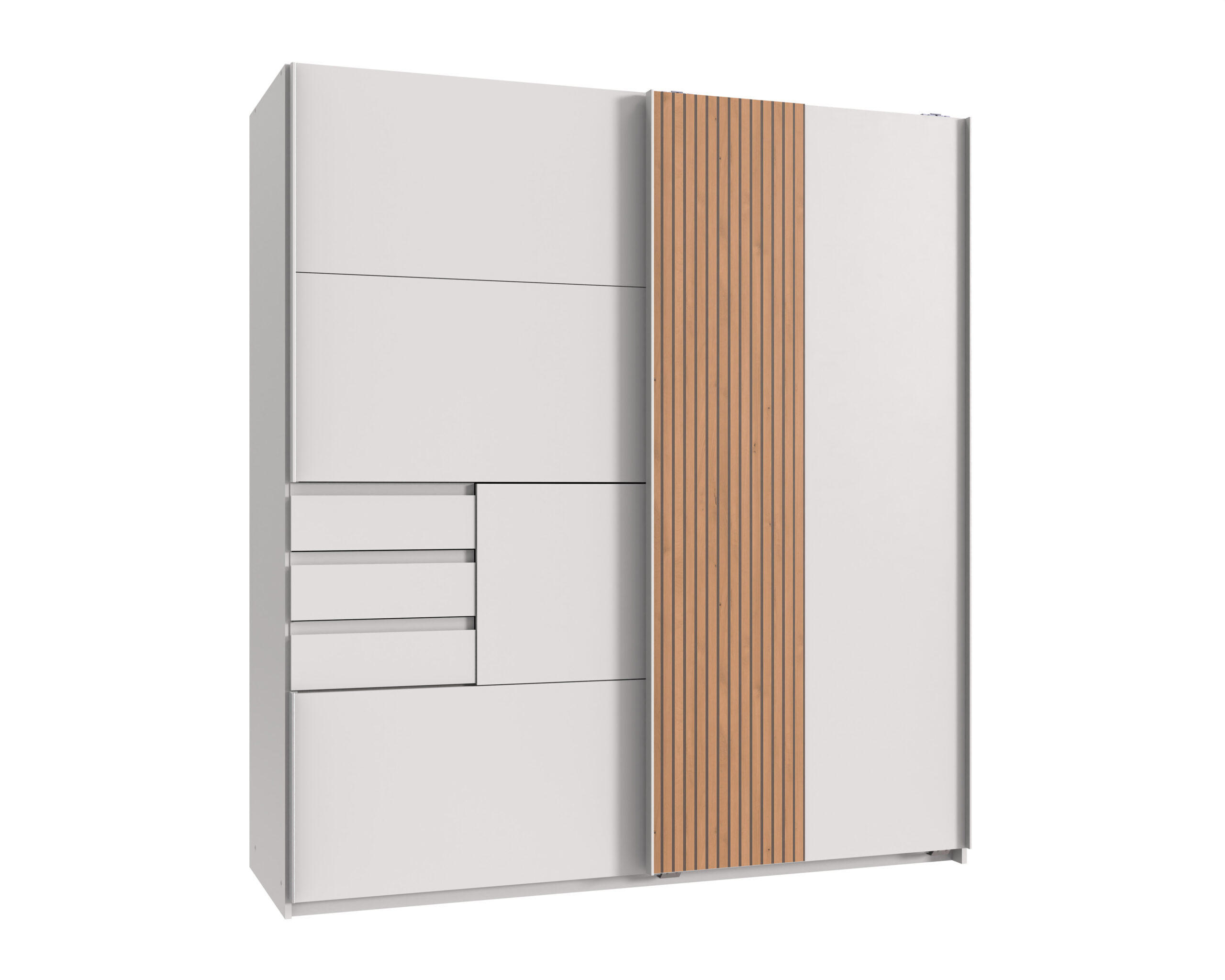 KLEIDERSCHRANK Coburg in Weiß mit Akustiklamellen in Artisan Eiche - Schwebetürenschrank - Weiß/Eiche Artisan, Holzwerkstoff (180/198/65cm)