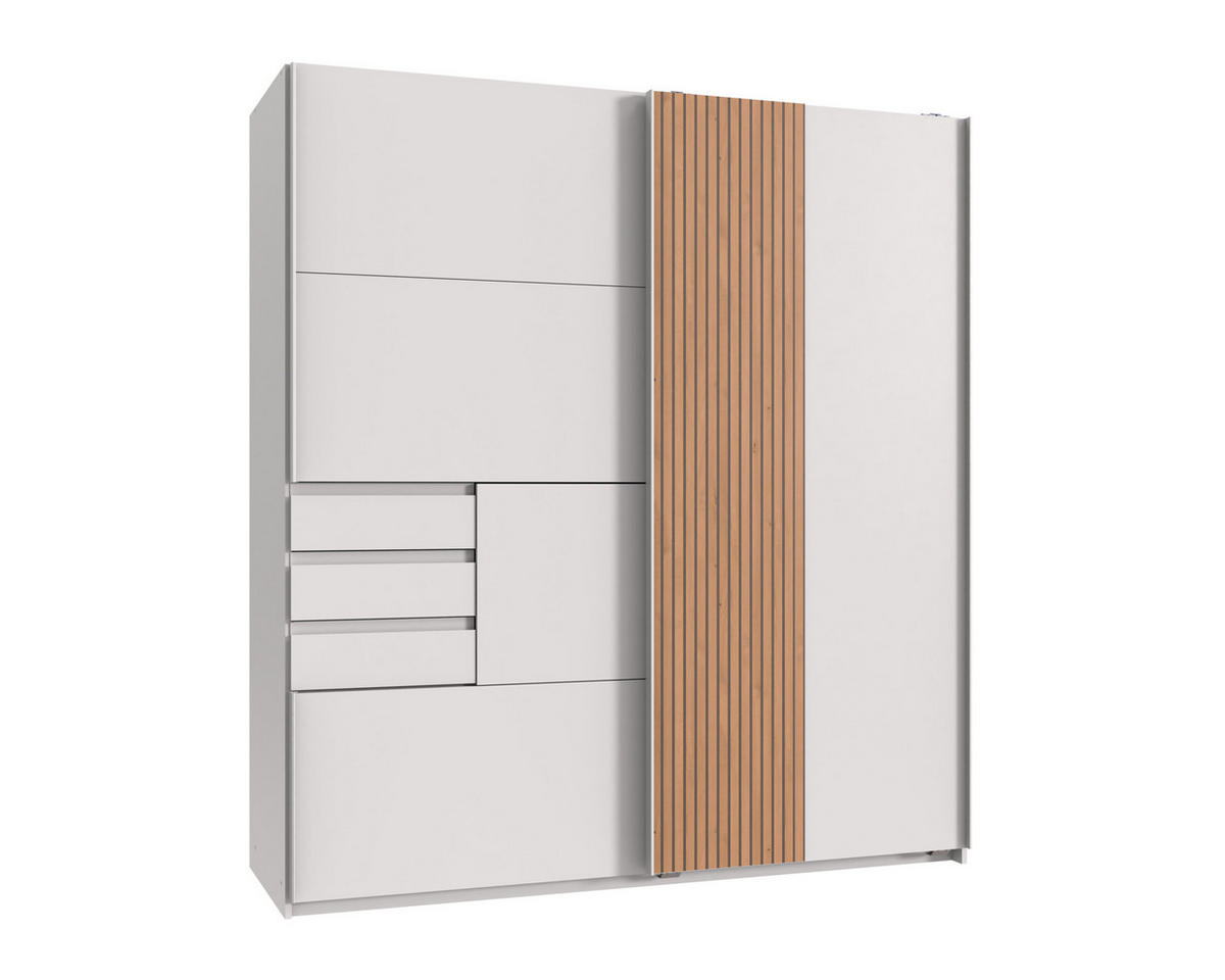 KLEIDERSCHRANK Coburg in Weiß mit Akustiklamellen in Artisan Eiche - Schwebetürenschrank - Weiß/Eiche Artisan, Holzwerkstoff (180/198/65cm)