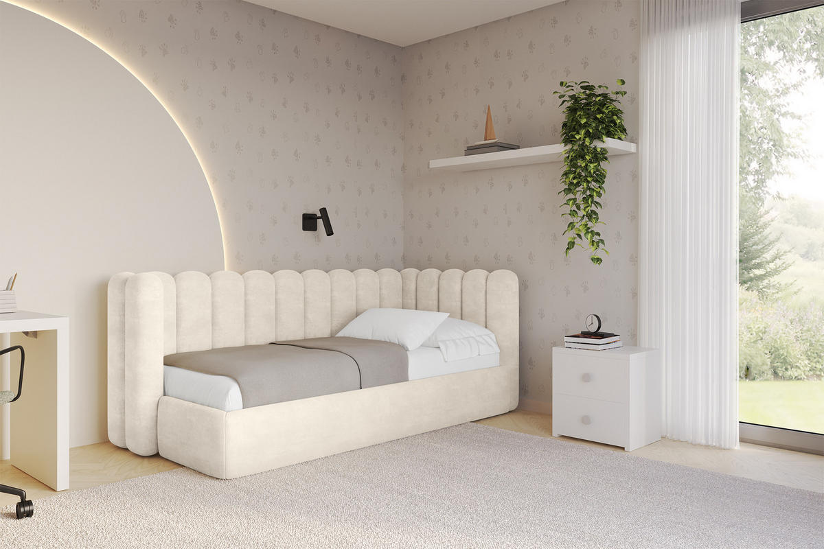 EINZELLBETT Jugendbett mit Bettkasten und Matratze H3/H4, Links - HUGY 100x200 Beige - Beige, Holzwerkstoff/Textil (100/200cm) - ALTDECOR