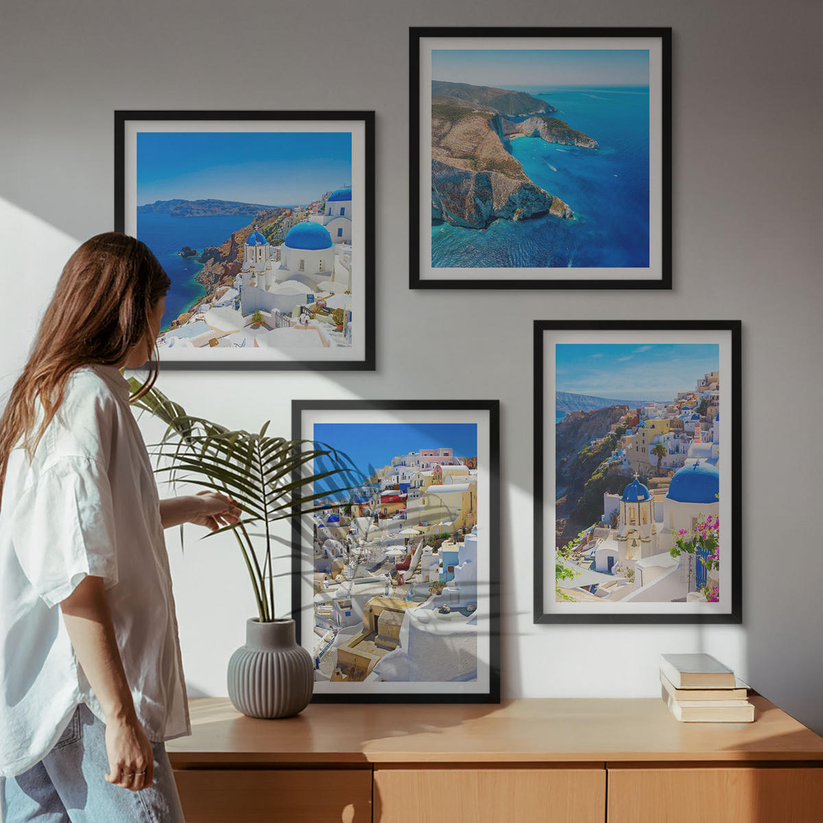 WANDBILDER 4er-Set - 50x50 cm & 40x60 cm Schwarzer Rahmen - Architekturlandschaft Oia Santorin Griechenland - Schwarz, Kunststoff (50/50cm) - ArtPrintCave