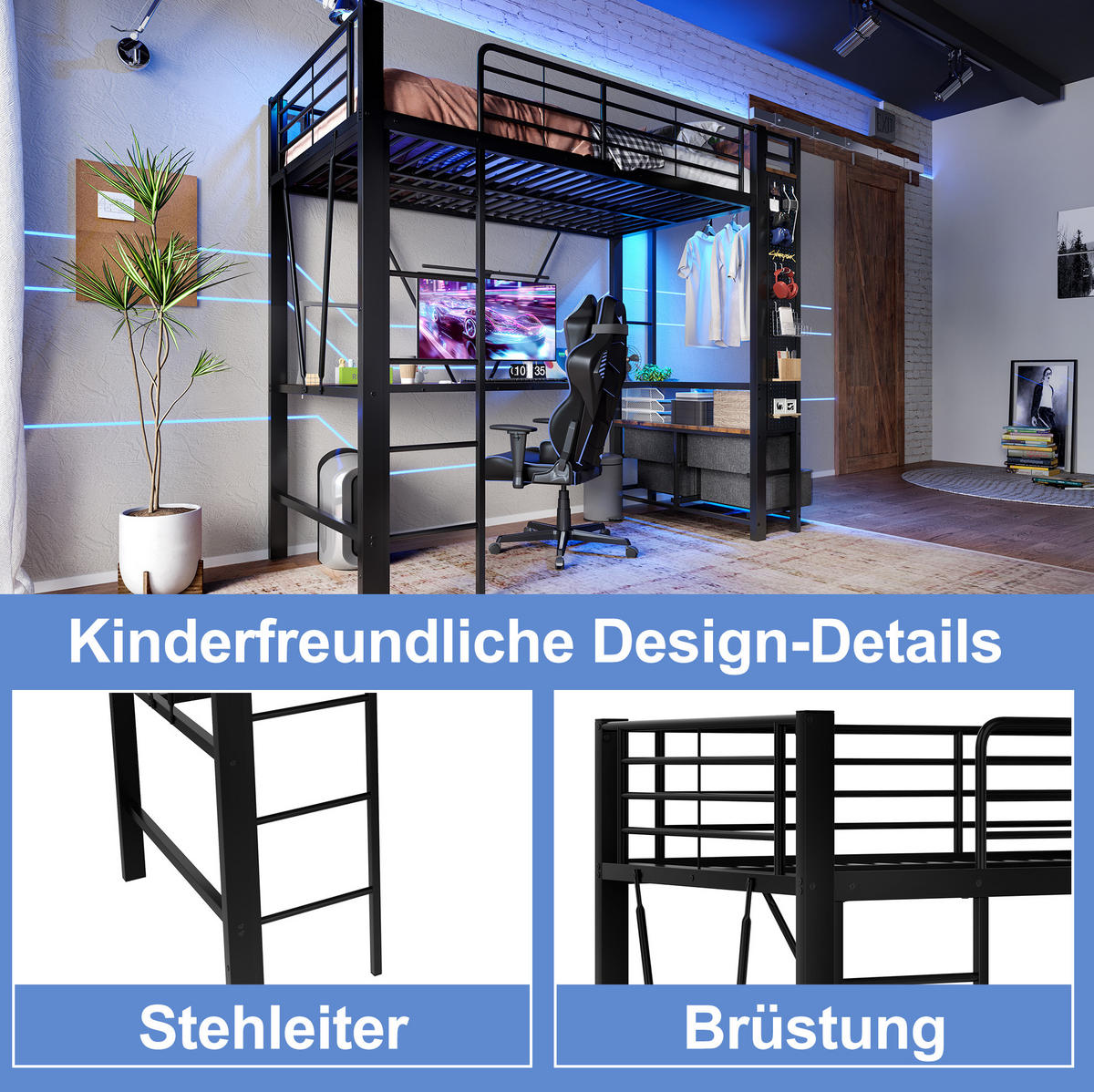 HOCHBETT 90/200 cm aus Metall mit Schreibtisch, 4 Schubladen und LED-Beleuchtung - Schwarz, Metall (90/200cm) - Flora Grace