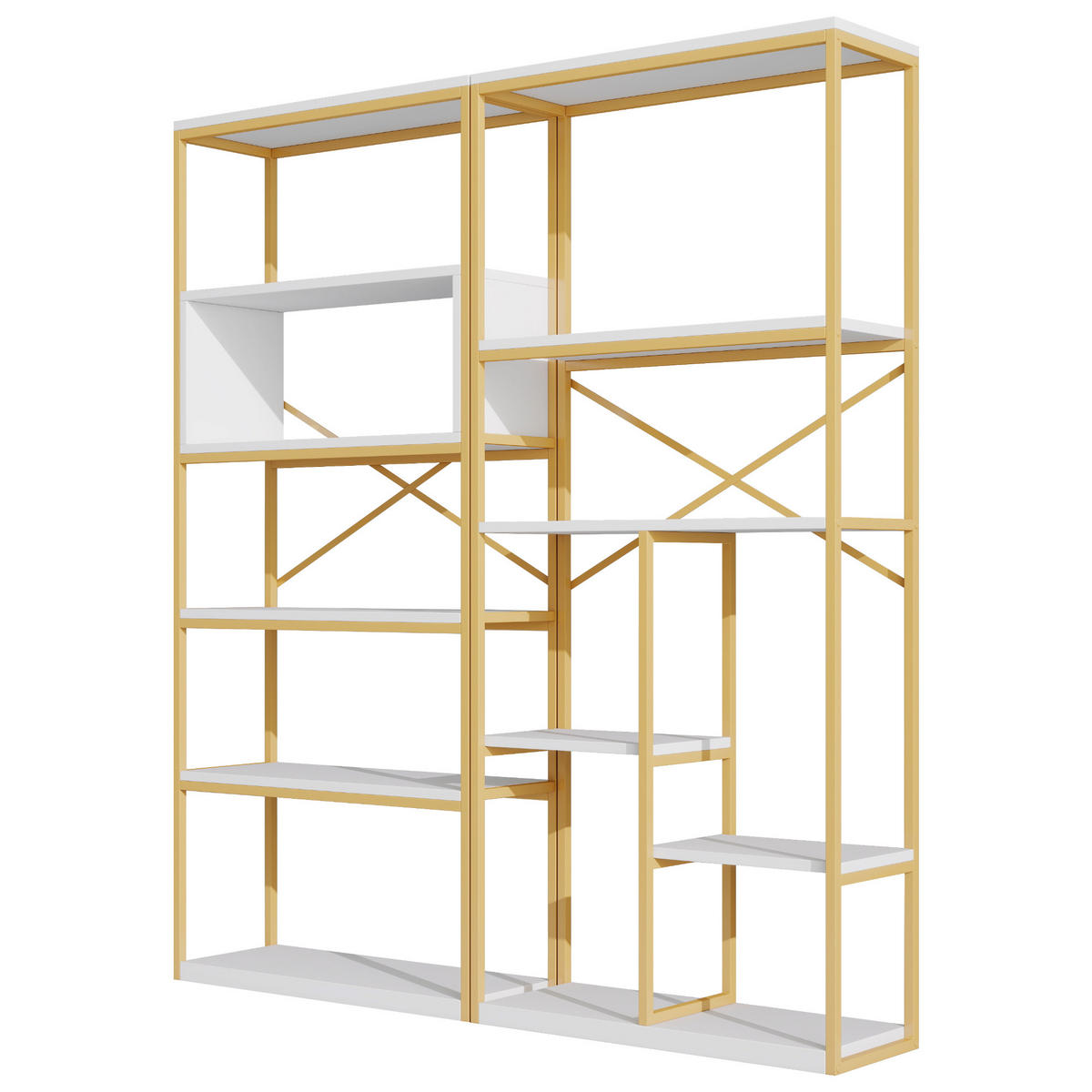 BÜCHERREGAL Gold Weiß X-Verstrebung Mehrfachfächer modern stabil - Goldfarben, Holzwerkstoff/Metall (160/180/39.5cm) - EVRYAE