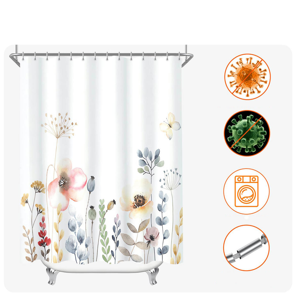 DUSCHVORHANG Blumen und Pflanzen 180 cm Polyester wasserdicht feuchtigkeitsbeständig Badezimmer - Multicolor, Textil (180/180cm) - MCBOSON