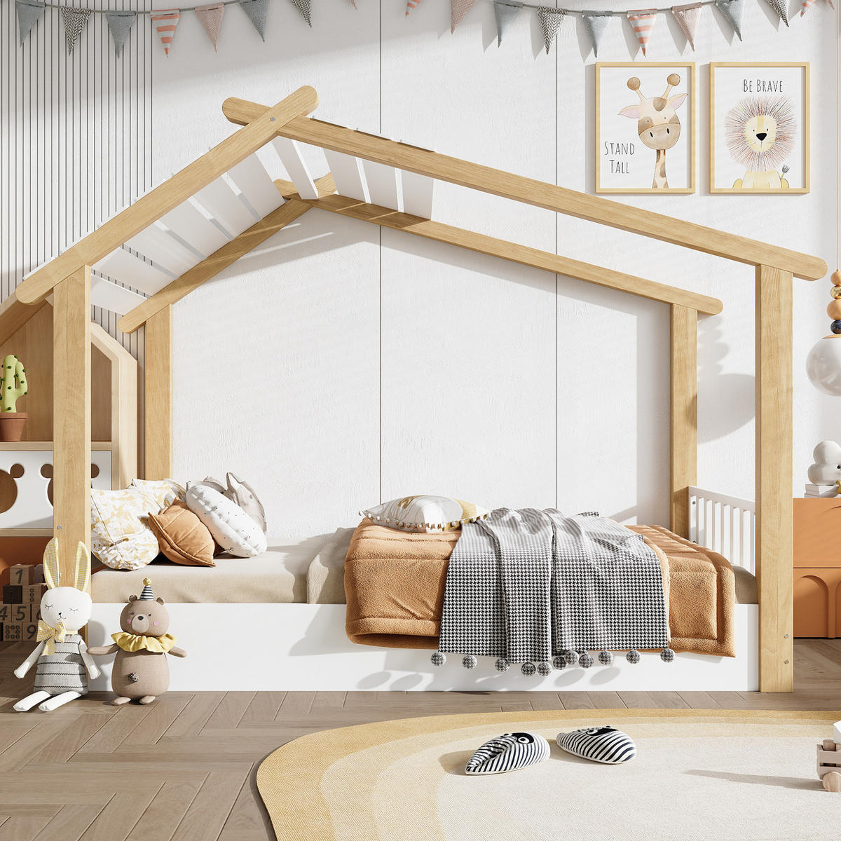 KINDERBETT aus Kiefer, Spanplatte und MDF 90x200 cm Weiß/Natur in Hausform - Weiß, Holzwerkstoff (90/200cm) - IVMEU