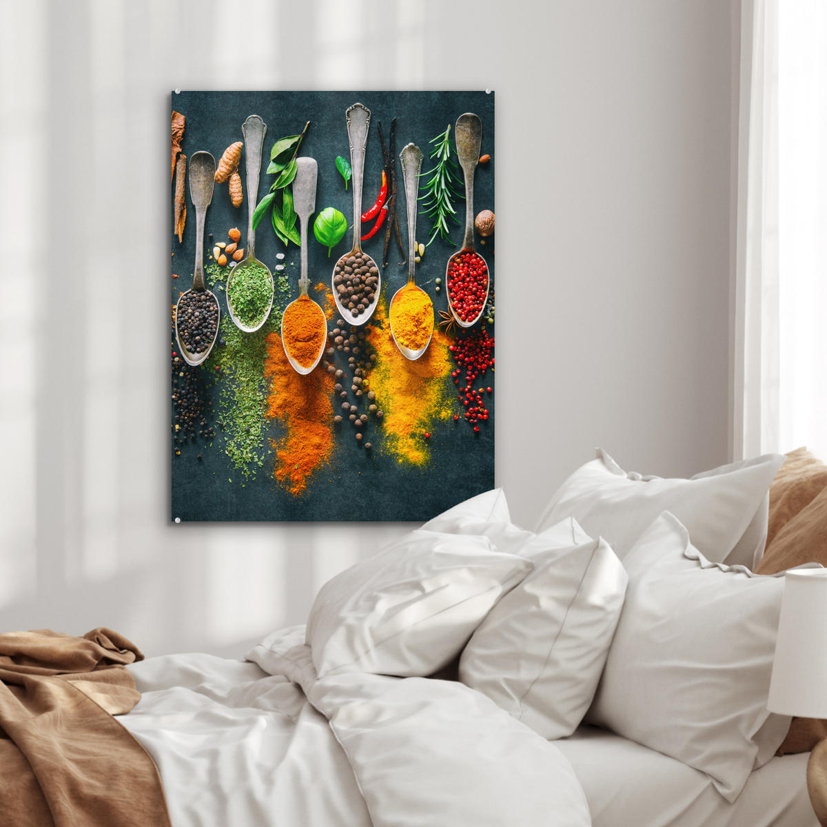 OBRAZ NA AKRYLOVOM SKLE Bylinky - korenie - lyžičky 60x80 cm - kari žltá, sklo (60/80cm) - MuchoWow