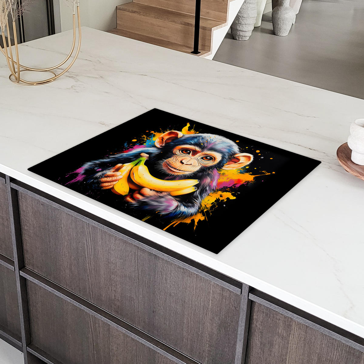 HERDABDECKPLATTE Affe - Graffiti - Farbenfroh - Bananen - Modern 77x59 cm - Gelb, Kunststoff (77/59/0.2cm) - MuchoWow