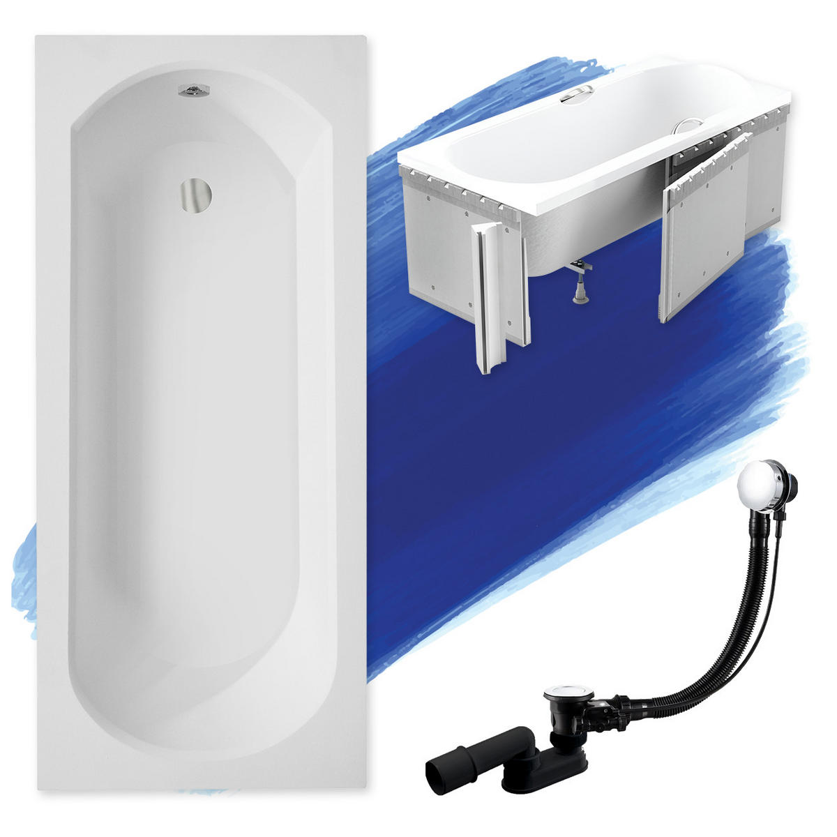 BADEWANNE Rechteck INTRICA 160/75 mit Styro Ablauf Füße - Weiß, Kunststoff (75/55.5/160cm) - bad land