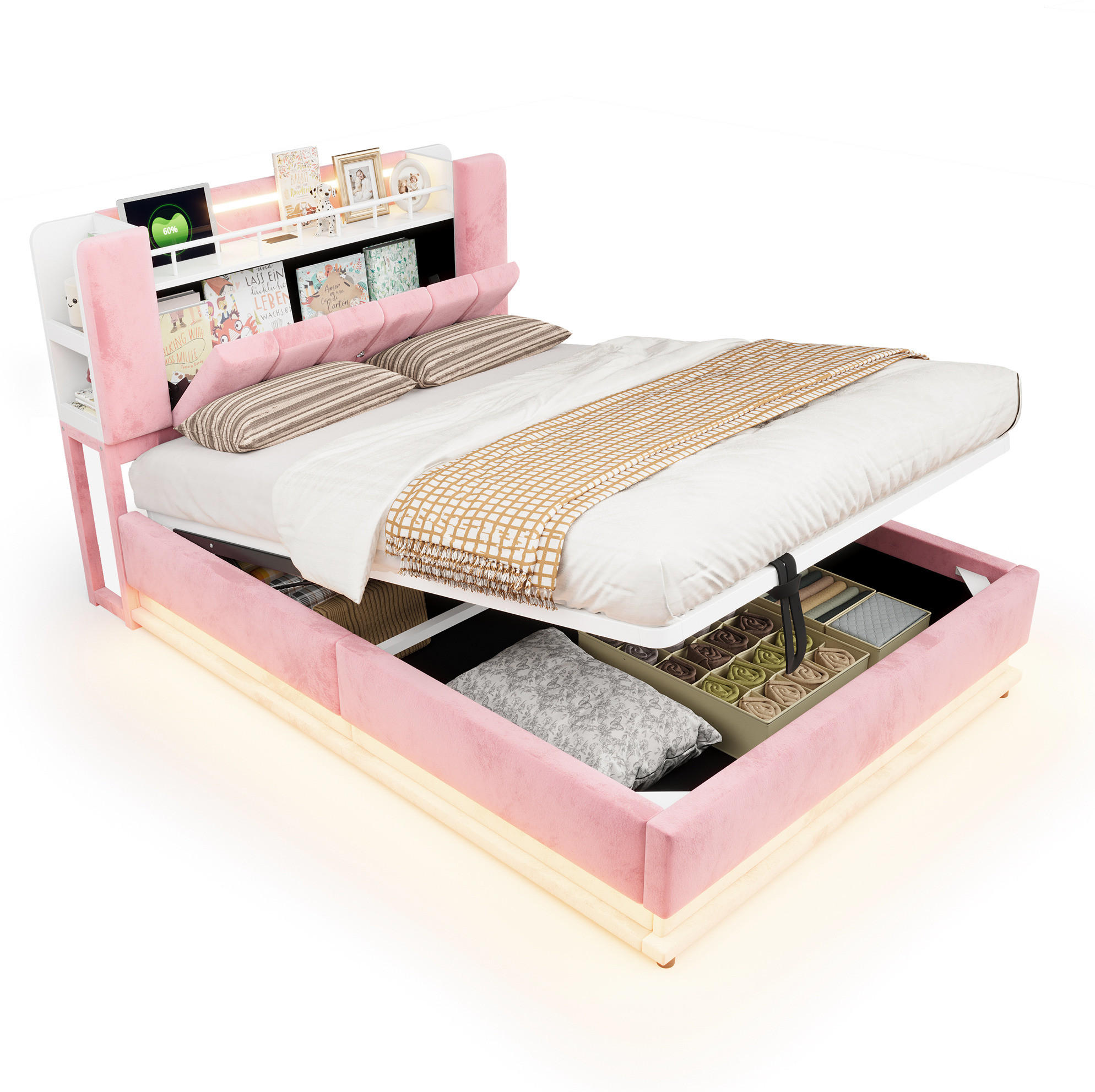 POLSTERBETT mit Samtbezug 140x200 cm Rosa mit LED-Beleuchtung, USB-Anschlüssen und Stauraum - Pink, Textil (140/200cm) - Modfu