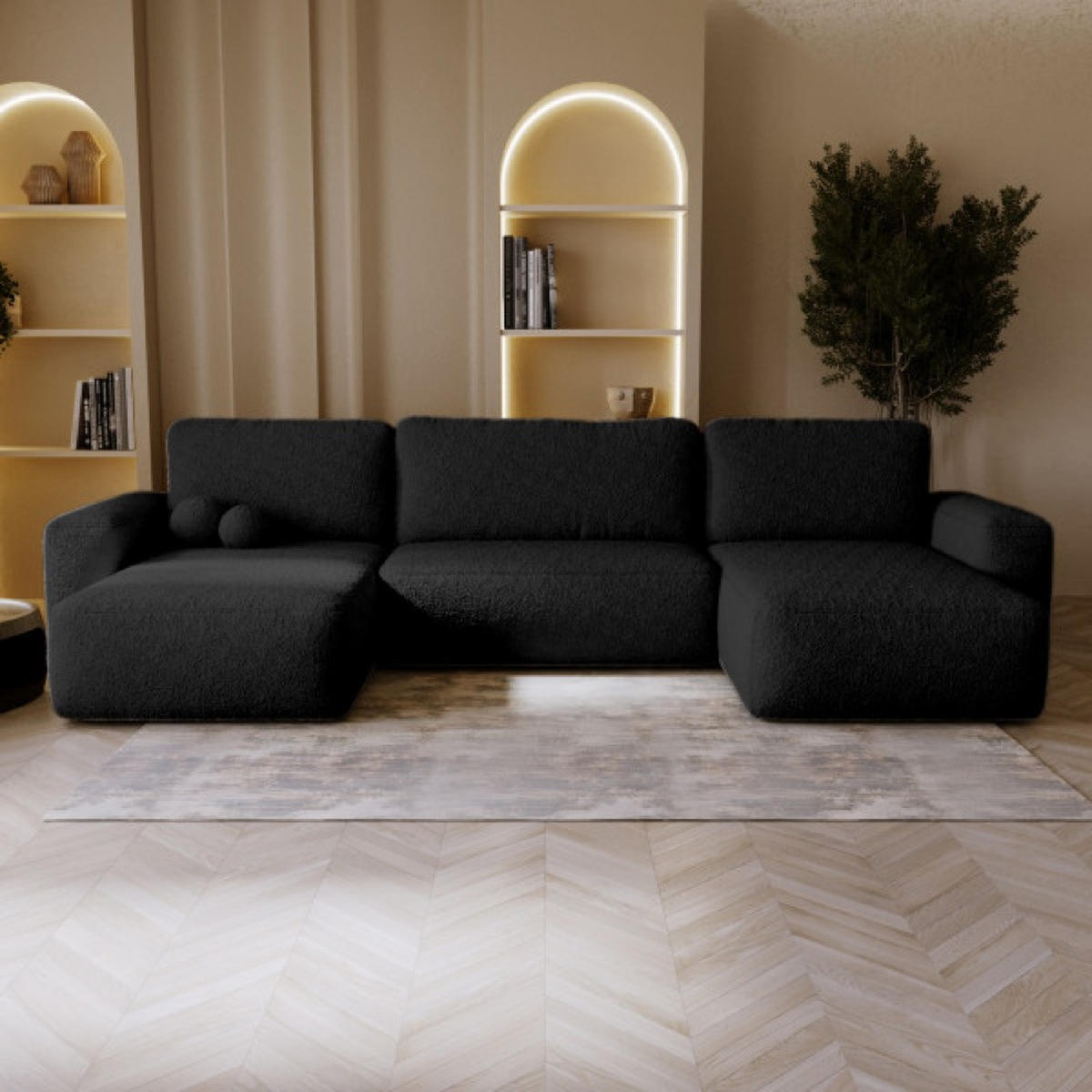 ECKSOFA Schwarz U ILO Mit Bettkasten Und Schlaffunktion - Schwarz, Textil (374/177cm) - Sepro Meble