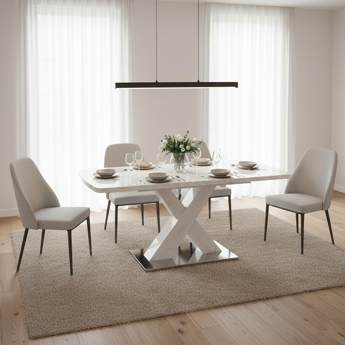 ESSTISCH AUSZIEHBARER Weiß Marmoroptik mit Ausziehfunktion & X-Gestell - Weiß, Holzwerkstoff/Metall (80/160/76.5cm) - Urban Meuble