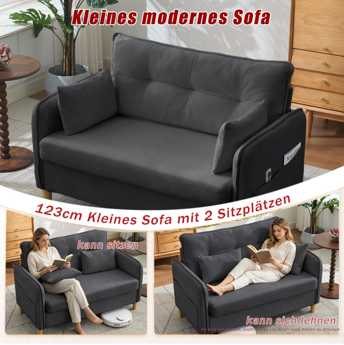 SOFA 2-Sitzer mit Armlehnen 127 cm Dunkelgrau Chenille - Dunkelgrau, Holzwerkstoff (127/83/75.5cm) - Meubliv