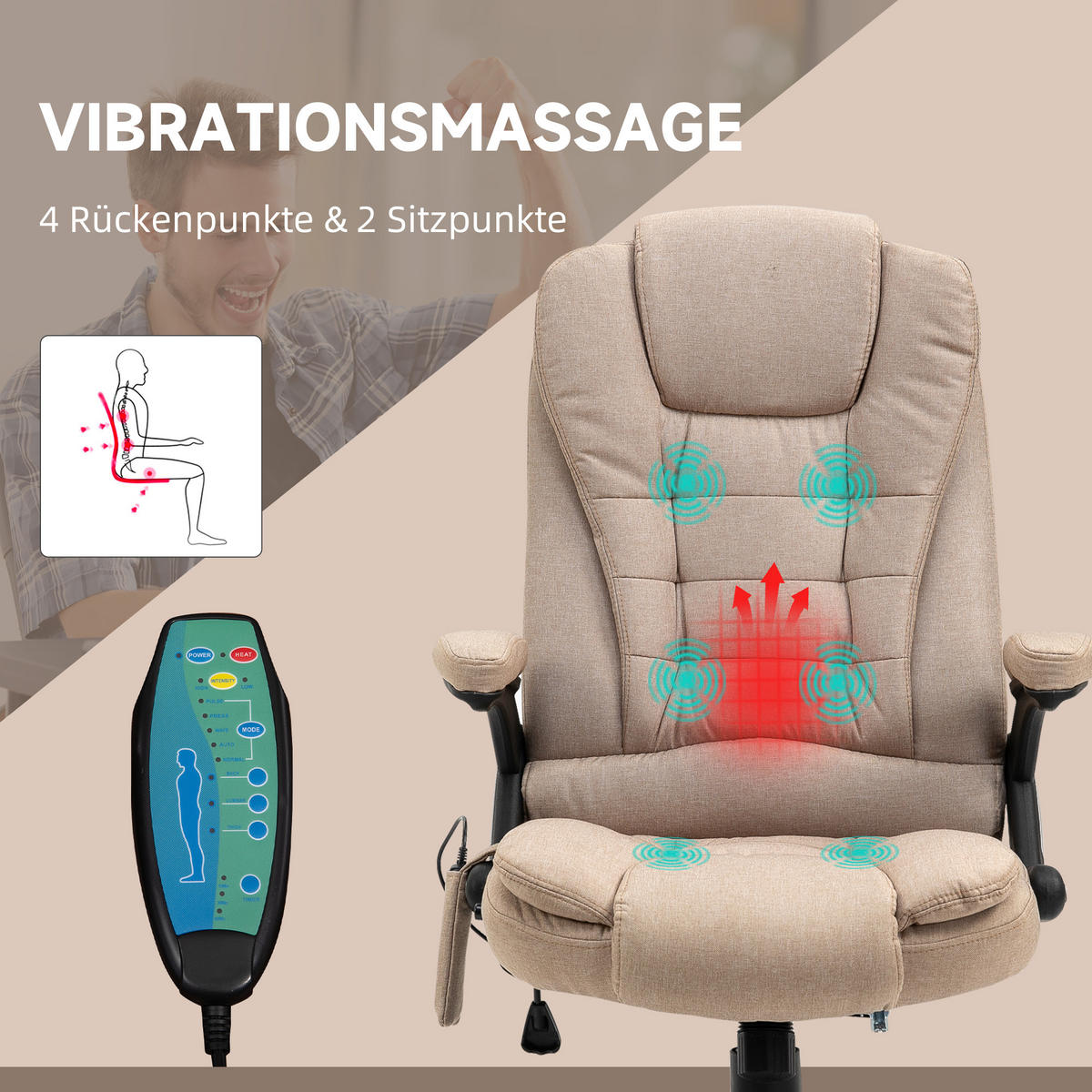 BÜROSTUHL mit Vibrationsmassage, Ergonomisch Schreibtischstuhl Höhenverstellbar - Schwarz/Braun, Kunststoff/Textil (74/116/67cm) - Vinsetto