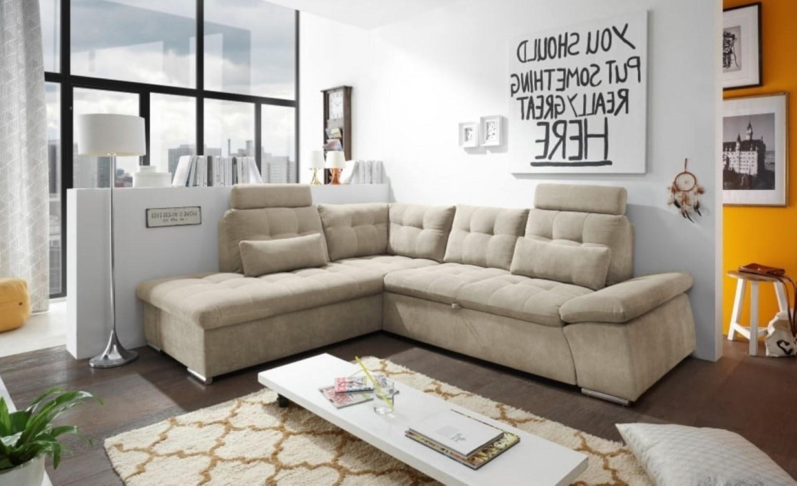 ECKSOFA mit Schlaffunktion, Bettkasten und verstellbarer Armlehne - Chromfarben/Beige, Textil (260/219cm) - ed exciting design