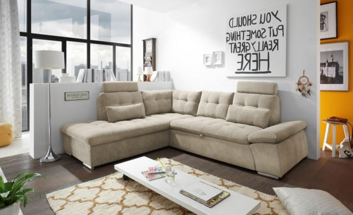 ECKSOFA mit Schlaffunktion, Bettkasten und verstellbarer Armlehne - Chromfarben/Beige, Textil (260/219cm) - ed exciting design