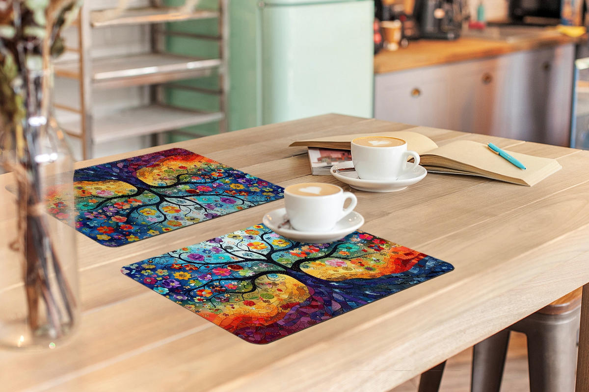 PLATZSETS 6er-Set Baum - Bunt - Blumen - Kunst - Abstrakt 45x30 cm Tischset - Blau, Kunststoff (0.3/45/30cm) - MuchoWow