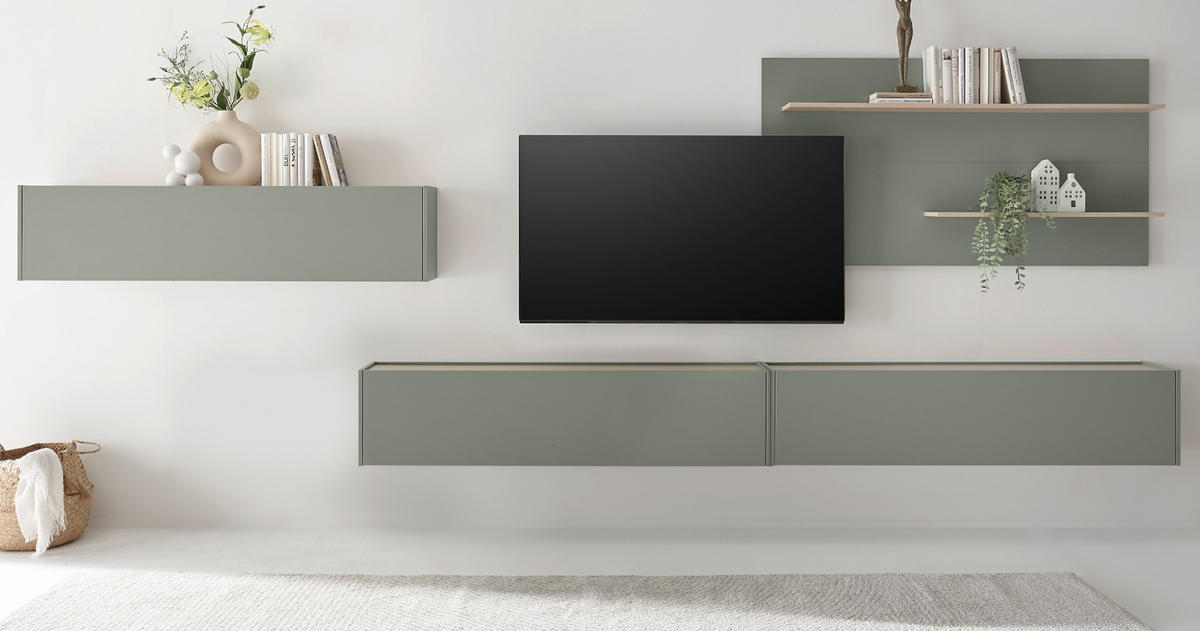 WOHNWAND 4-teilig, Set in Salbei Grün und Eiche, mit XXL TV Lowboard 300 cm hängend, gesamt 400 x 190 cm - Salbeigrün/Eichefarben, Holz/Holzwerkstoff (400/190/30cm) - Furn.Design