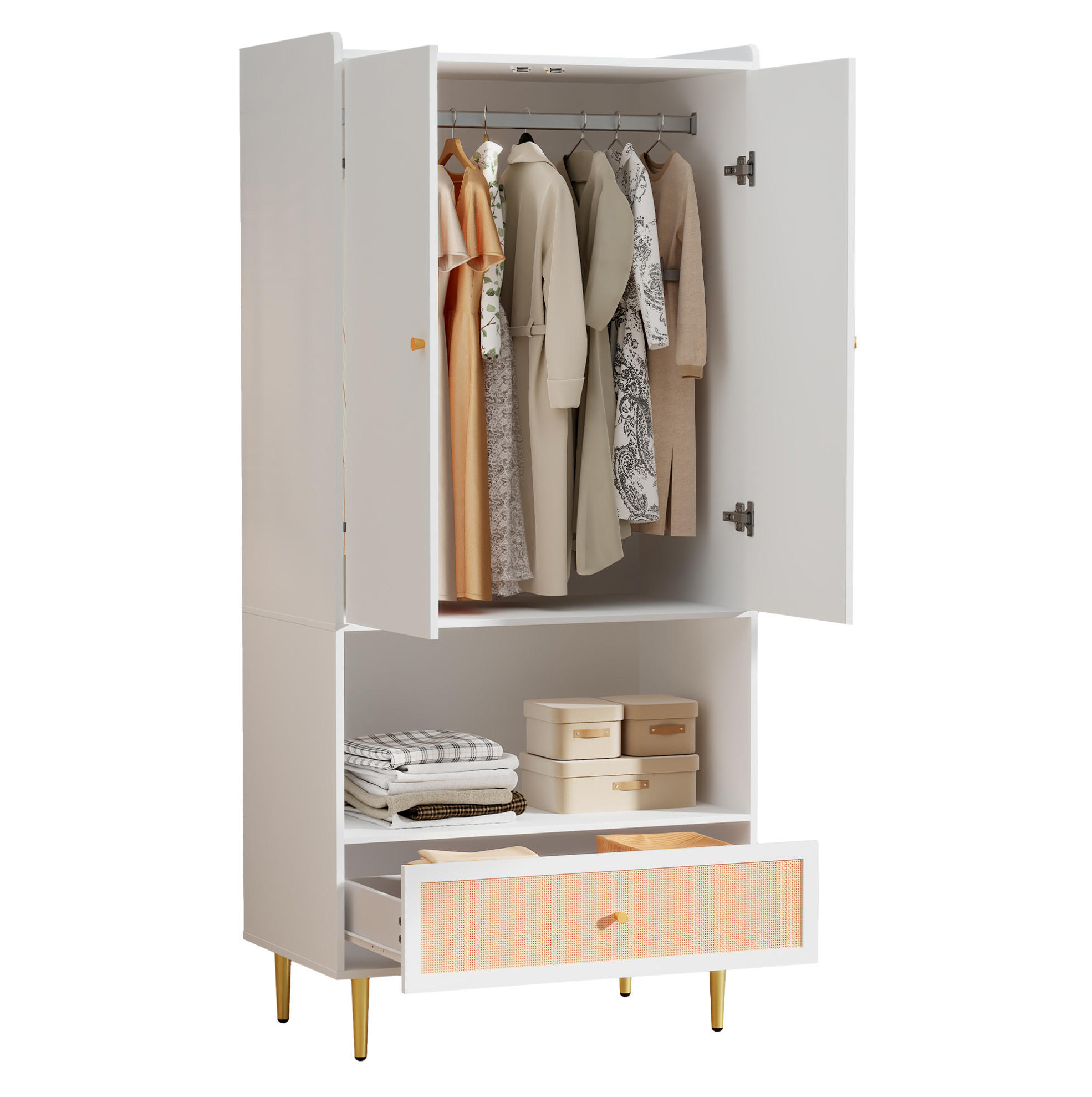 KLEIDERSCHRANK aus Spanplatte 48x80x175 cm Weiß/Natur mit 2 Türen, Schublade und Kleiderstange mit PE-Rattan-Fronten - Naturfarben, Holzwerkstoff (80/175/48cm) - Modfu