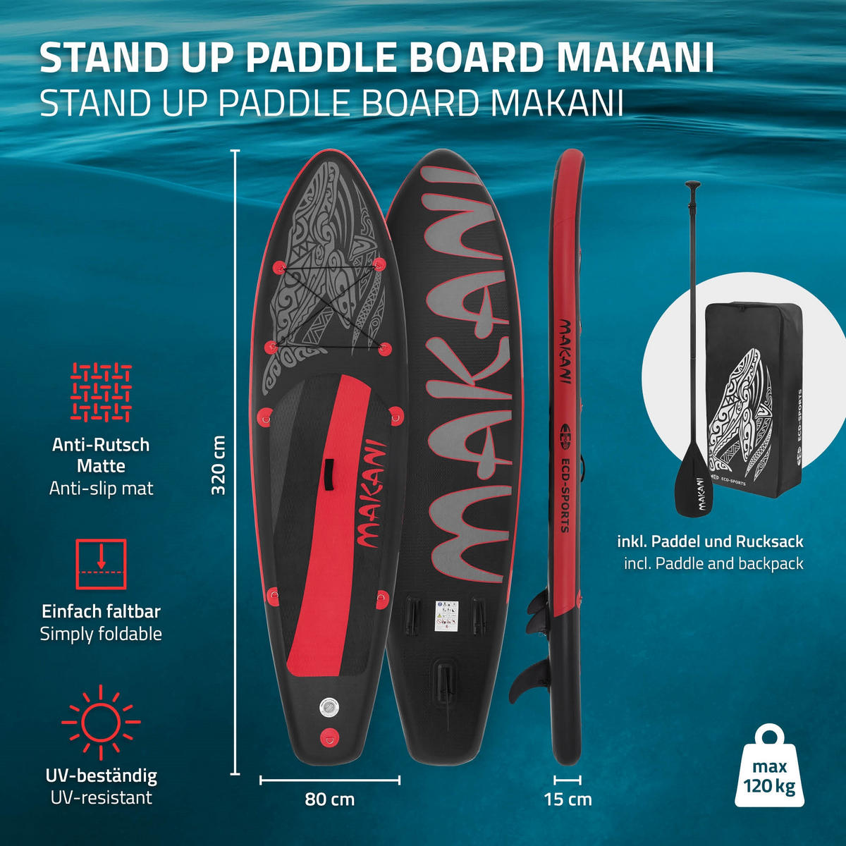 STAND UP PADDLE BOARD Makani Schwarz-Rot - Rot, Kunststoff (320/80/15cm) - ECD-Germany