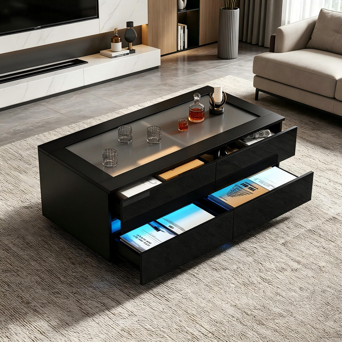 COUCHTISCH DE-37135 mit 4 Schubladen, Glasplatte und LED Schwarz - Schwarz, Holzwerkstoff (100/50/40cm) - ComfortXL