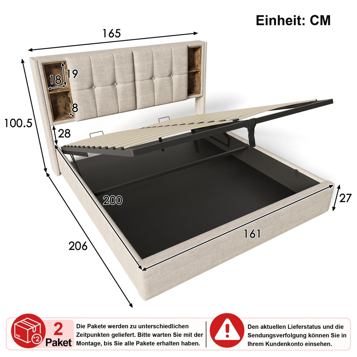 ČALOUNĚNÁ POSTEL 160 × 200 cm v přírodním lnu s úložným prostorem, USB a odkládacími policemi - přírodní, kov/kompozitní dřevo (160/200cm) - WISHDOR