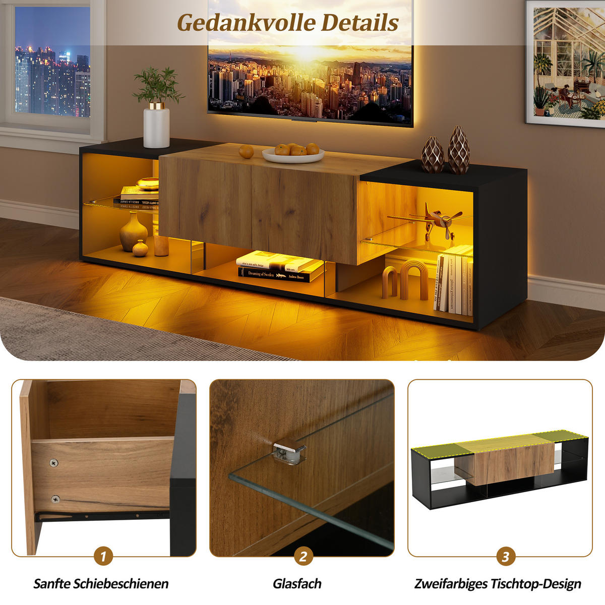 TV-SCHRANK 160/40/42 cm Schwarz mit LED und 2 Schubladen - Schwarz, Holzwerkstoff (160/42/40cm) - Oxeza