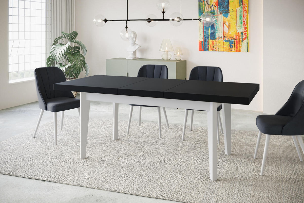 ESSZIMMERTISCH SKANDI, ausziehbarer Tisch: 140-180X80X78 cm, Farbe: Schwarz, mit Holzbeinen in Farbe Weiß - Schwarz/Weiß, Holzwerkstoff (140/80/78cm) - Alpi-Möbel