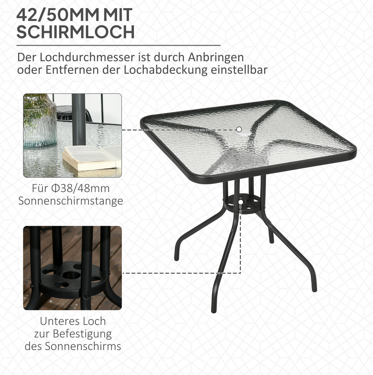 GARTENTISCH aus Metall 76x76x72 cm Schwarz mit Schirmloch - Naturfarben, Metall (76/76/72cm) - Modfu