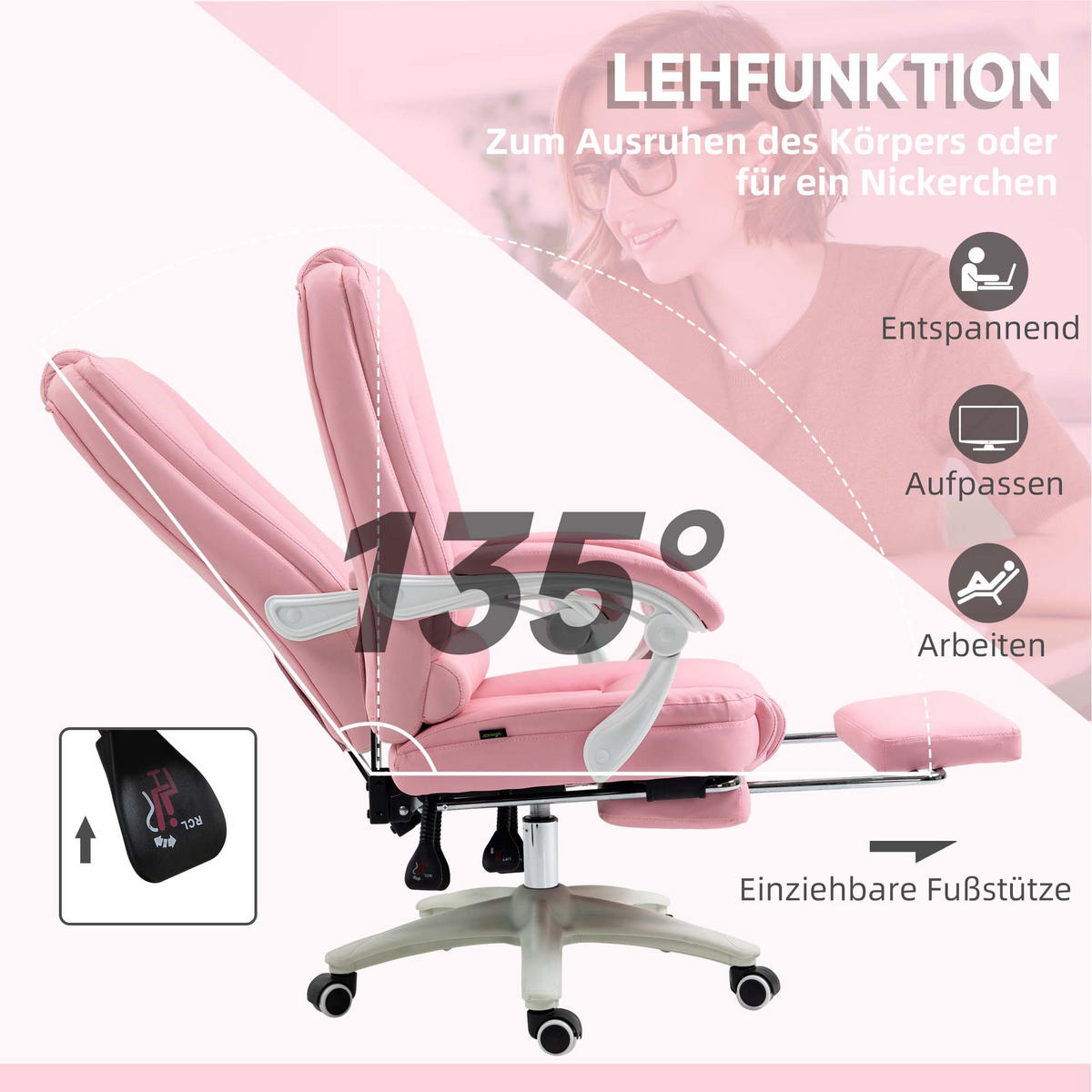 CHEFSESSEL, Bürostuhl, Kunstleder, Rosa - Rosa, Leder (68/116/65cm) - Vinsetto