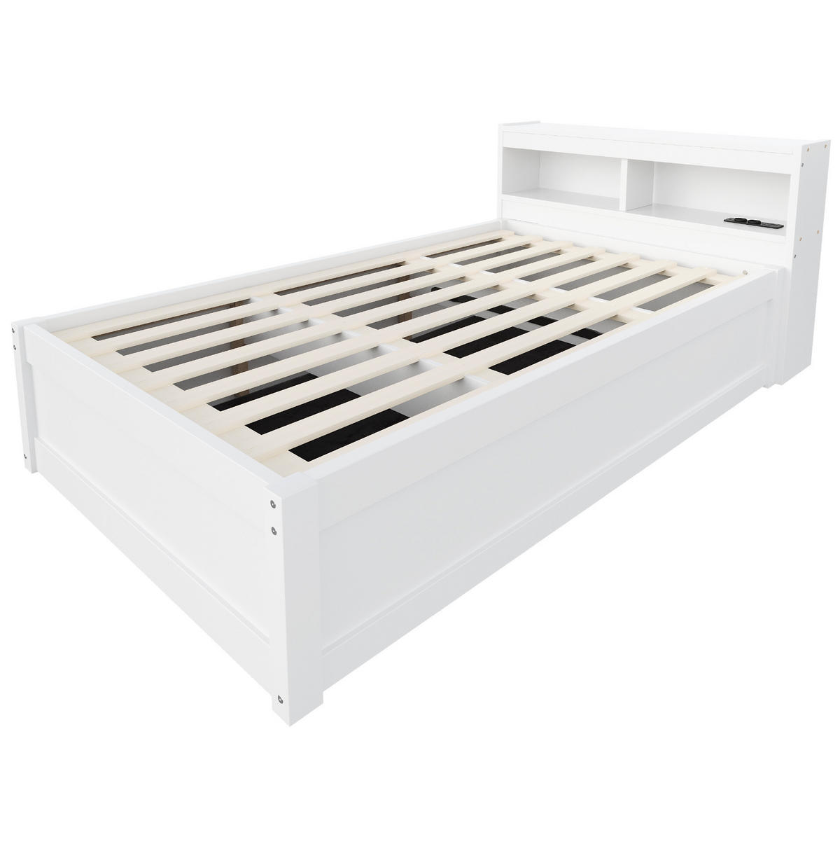 JEDNOLŮŽKOVÁ postel 90/200 cm s LED osvětlením, zásuvkou a hydraulickým úložným prostorem z MDF a borovicového dřeva, Bílá - bílá, kompozitní dřevo (90/200cm) - Redom
