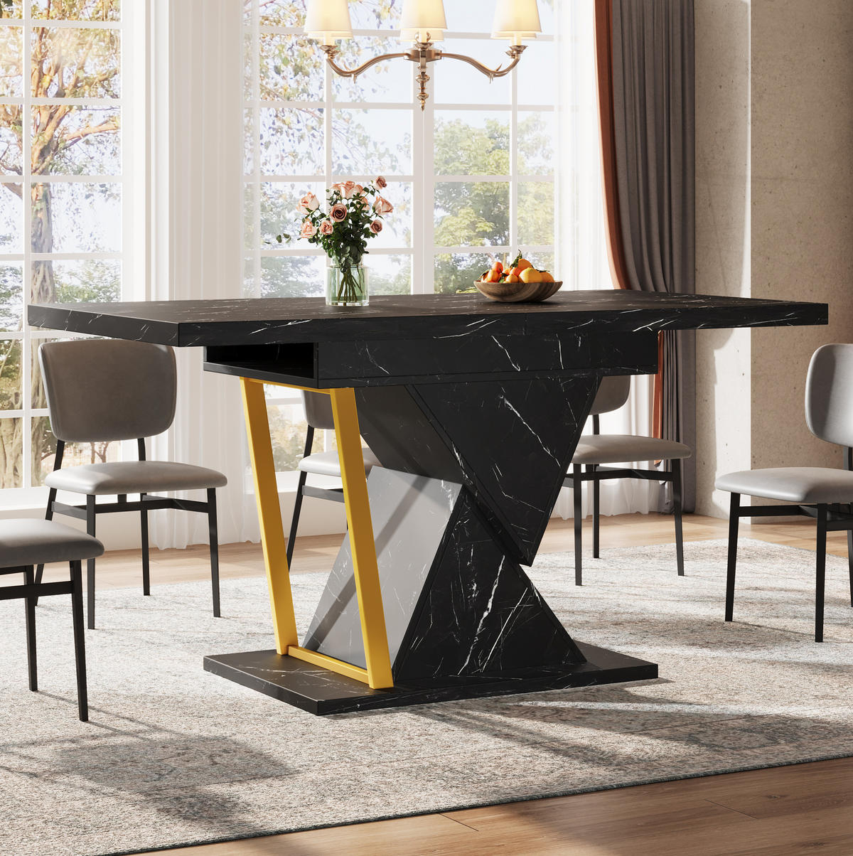AUSZIEHTISCH 110/80/76 cm in Schwarz mit Marmoroptik & Metallgestell - Schwarz, Holzwerkstoff (110/80/76cm) - BEAOK