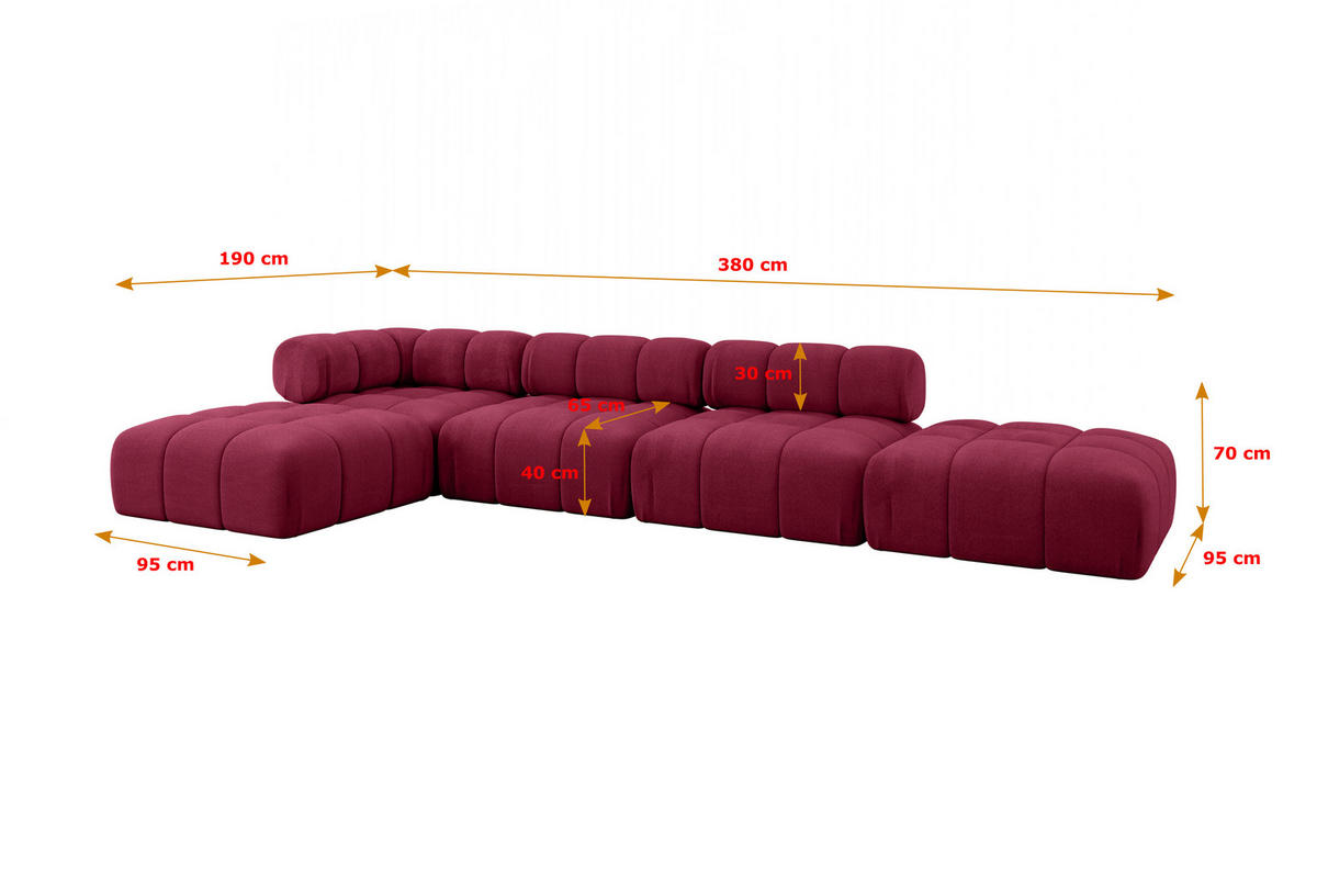 ECKSOFA modulares Sofa Kerru-L2 - 380x190x70 cm Bordeauxrot Velours - Bordeaux, Holzwerkstoff/Textil (380/190cm) - ALTDECOR
