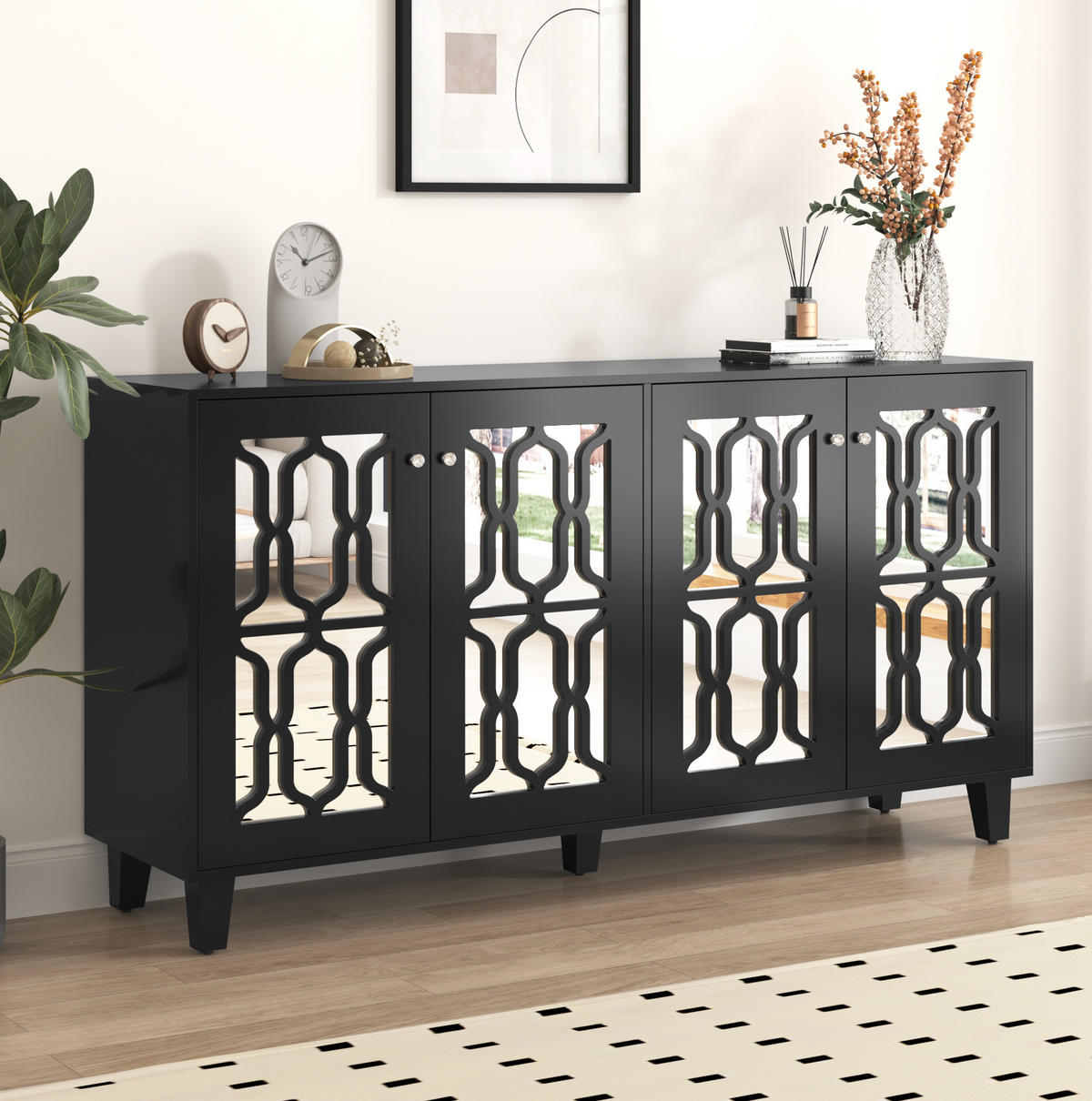 SIDEBOARD in Schwarz mit Spiegeloberfläche, 4 Türen und Kristallgriffe, 160/40/84 cm, Schwarz - Schwarz, Holzwerkstoff (160/84/40cm) - Redom