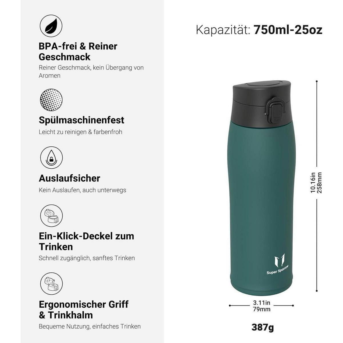 TRINKFLASCHE Edelstahl 750 ml Dunkelgrün - Petrol, Metall (8.2/8.2cm)