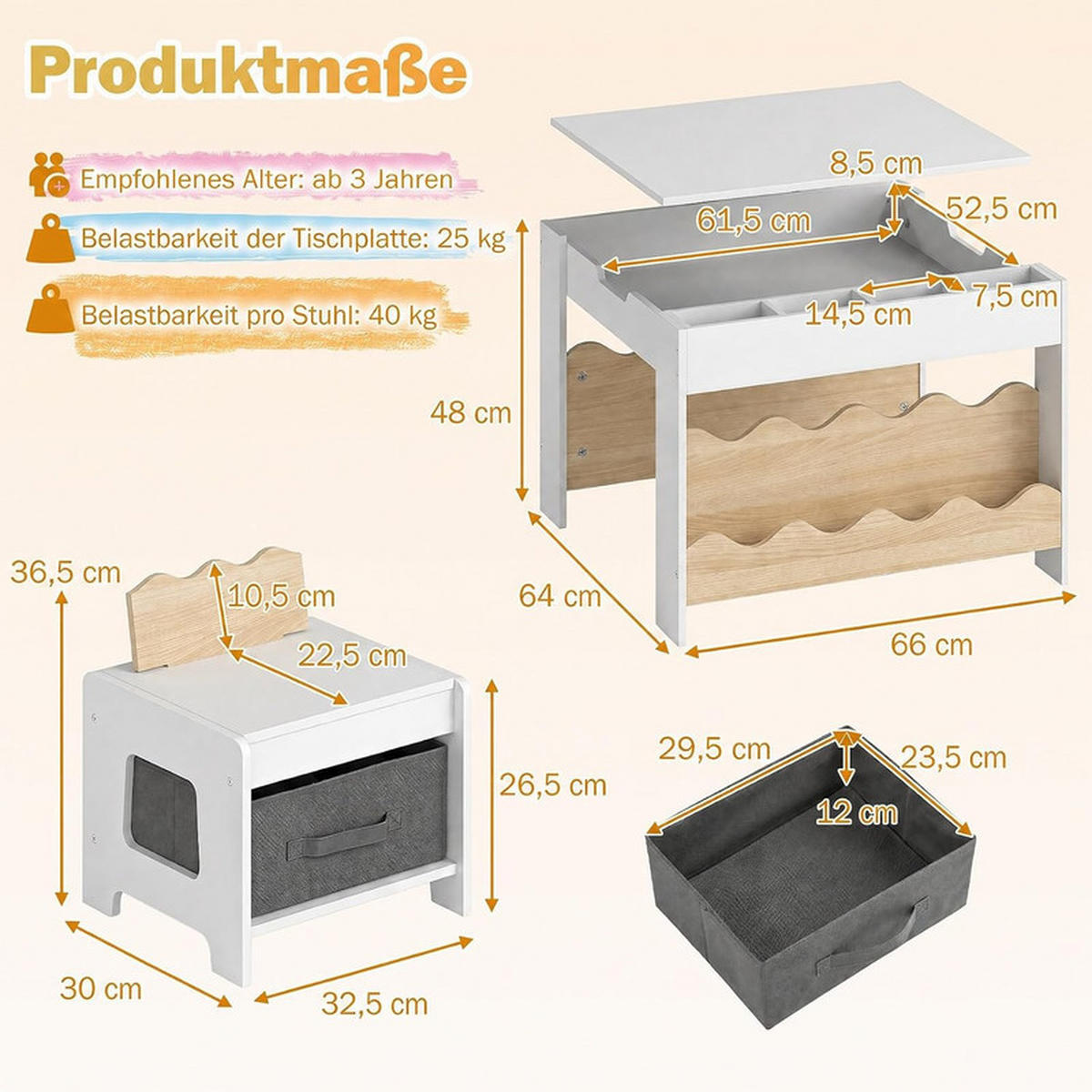 KINDERTISCH mit Stuhl natur(3-tlg) - Naturfarben, Holzwerkstoff (66/48/64cm) - COSTWAY