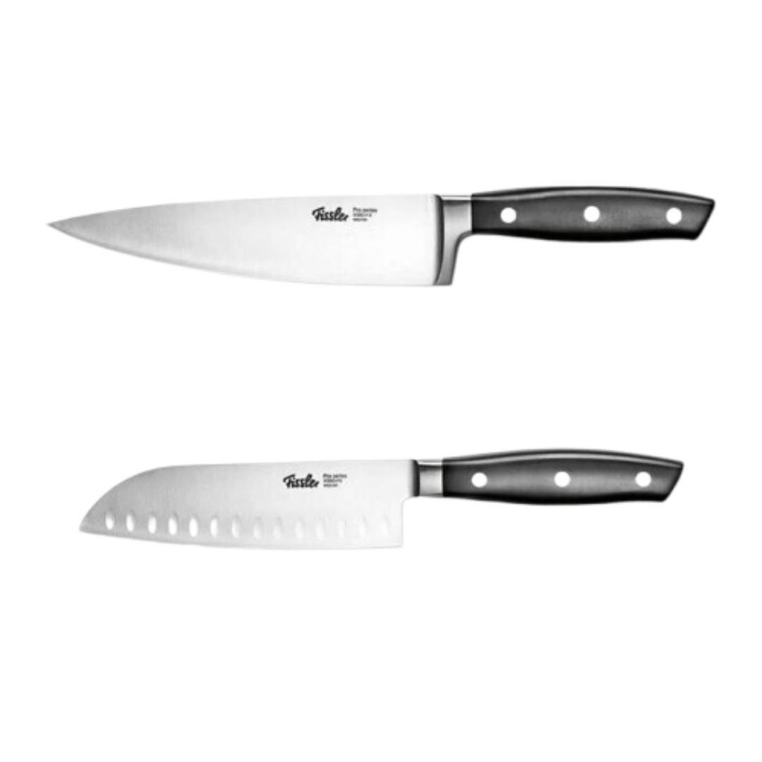 KÜCHENMESSER SET 2-tlg Schwarz, Edelstahl, Kochmesser 190 mm, Santokumesser 130 mm, Schneidemesser, Küchenzubehör, Profi Messer, Klingenstahl - Silberfarben, Kunststoff/Metall - Fissler