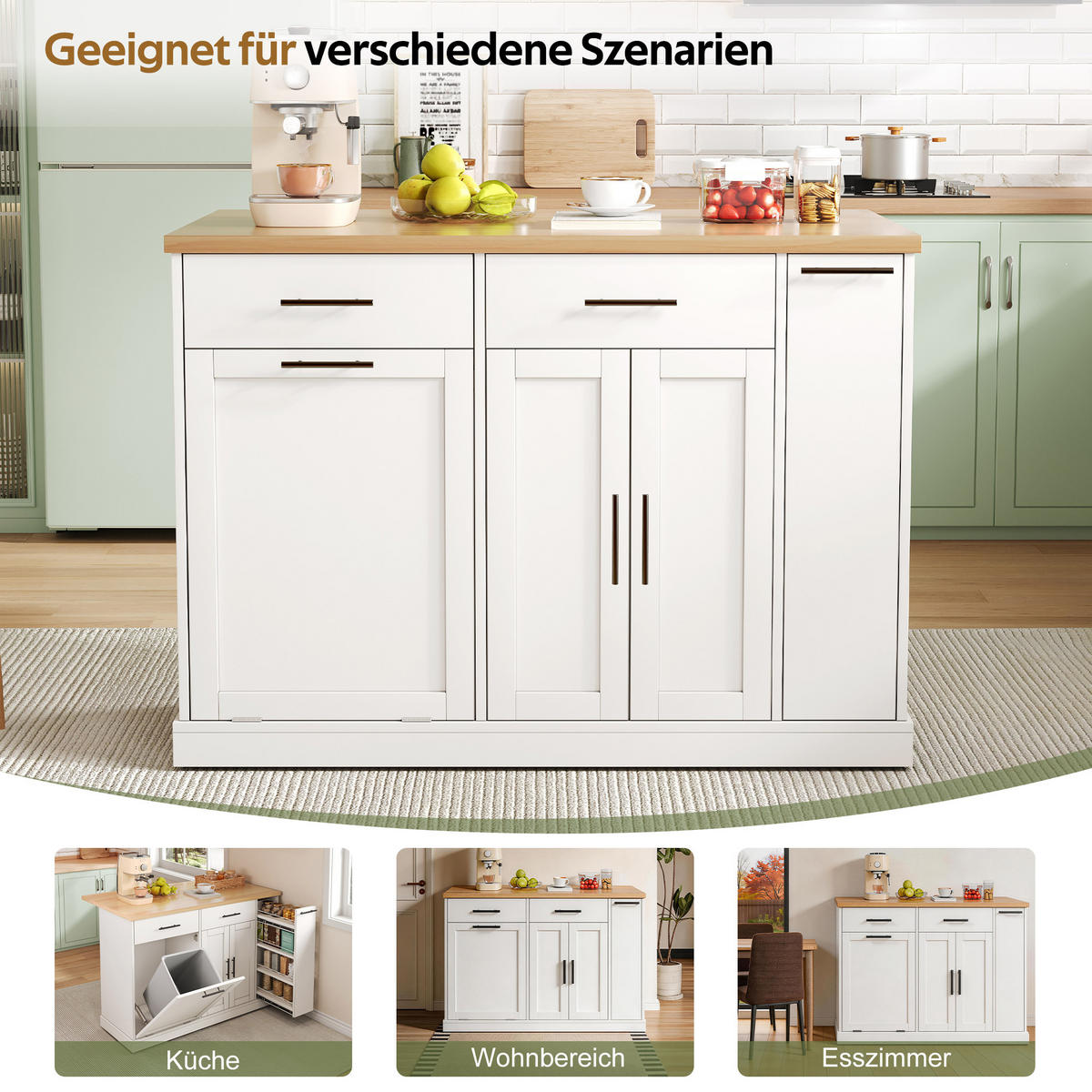 KÜCHENINSEL 120/45(70)/93 cm Weiß mit Müllschrank, 4-stufigem Gewürzregal und 2 Schubladen - Weiß, Holz/Holzwerkstoff (70/93.5/120cm) - Oxeza