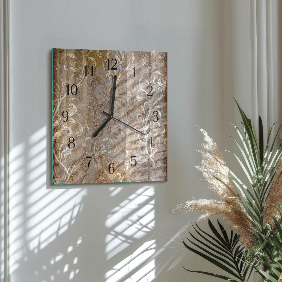 WANDUHR 30x30 cm - Blumenmuster - Braun, Glas (30/30/0.4cm) - TULUP