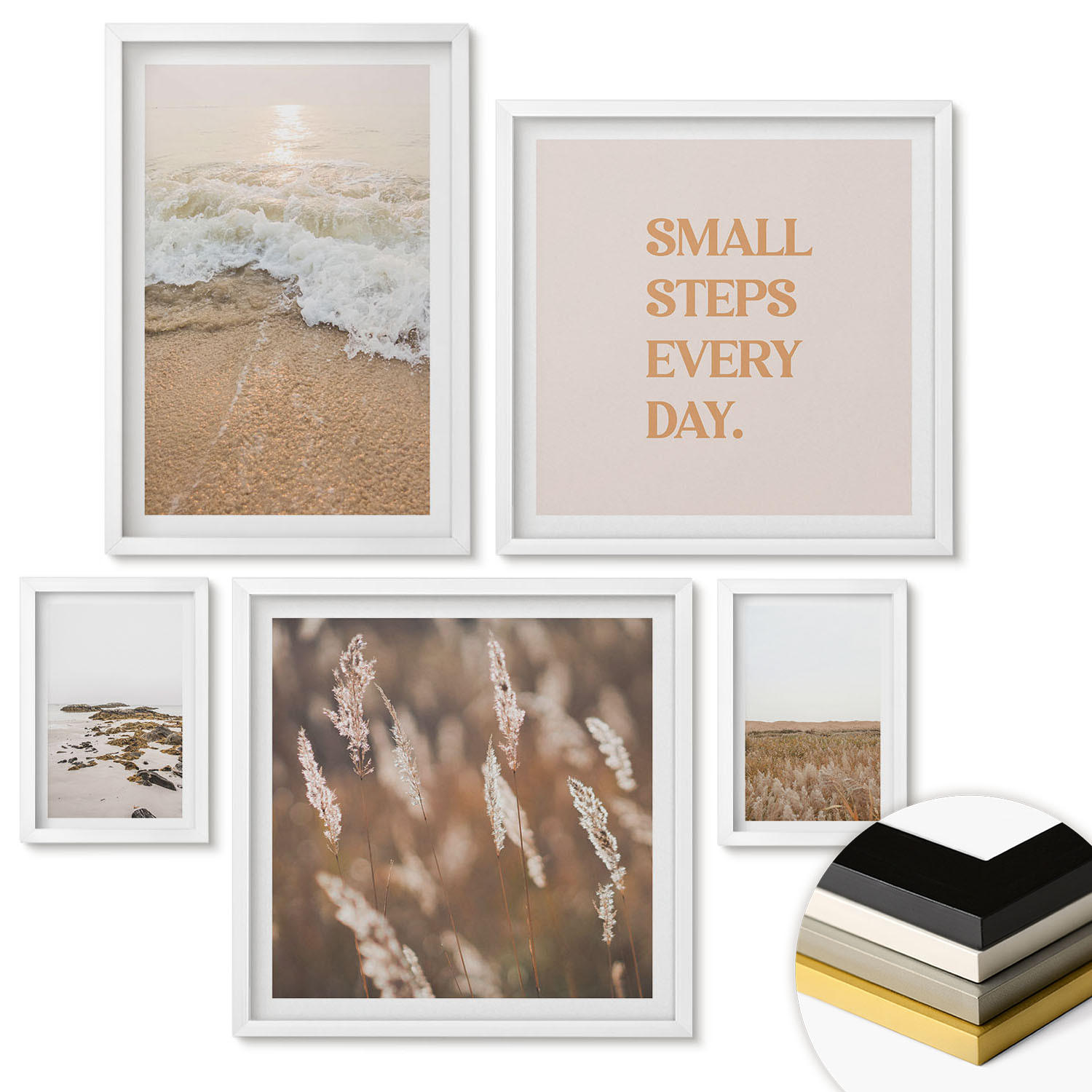 WANDBILDER 5er-Set - 50x50 cm & 20x30 cm & 40x60 cm Weißer Rahmen - Strandwellen, Steine, Sommer - Weiß, Kunststoff (40/60cm) - ArtPrintCave