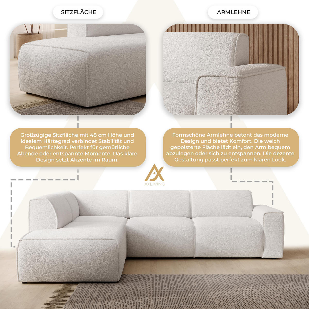ECKSOFA L Form Didim Weiß 292/220/78 cm – großes Sofa stilvoll & bequem L - Schwarz/Weiß, Kunststoff/Textil (220/292cm) - AX Living