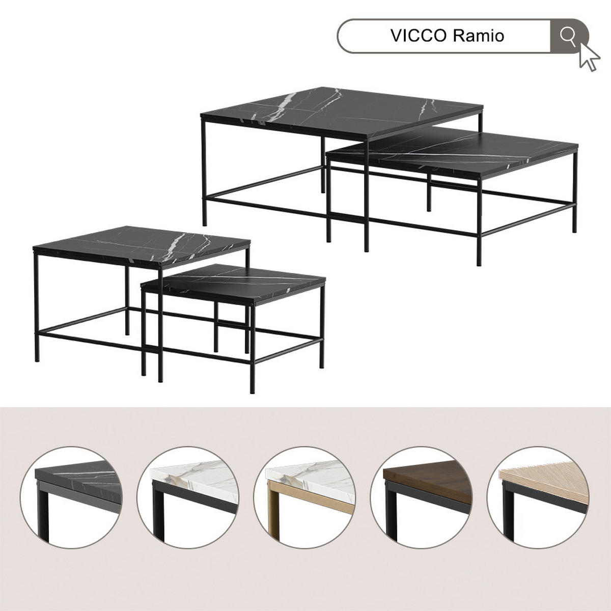 COUCHTISCH-SET Ramio, Eiche/Schwarz, 80 x 80 cm 2 Teile - Eichefarben/Schwarz, Holzwerkstoff (80/80/45cm) - Vicco