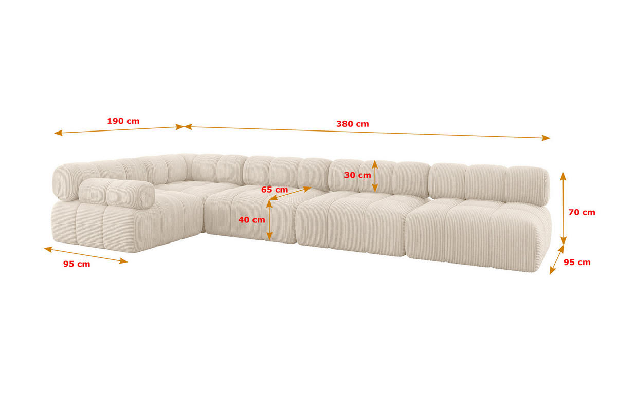 ECKSOFA modulares Sofa Mende-L3 - 380x190x70 cm Beige Cord - Beige, Holzwerkstoff/Textil (380/190cm) - ALTDECOR