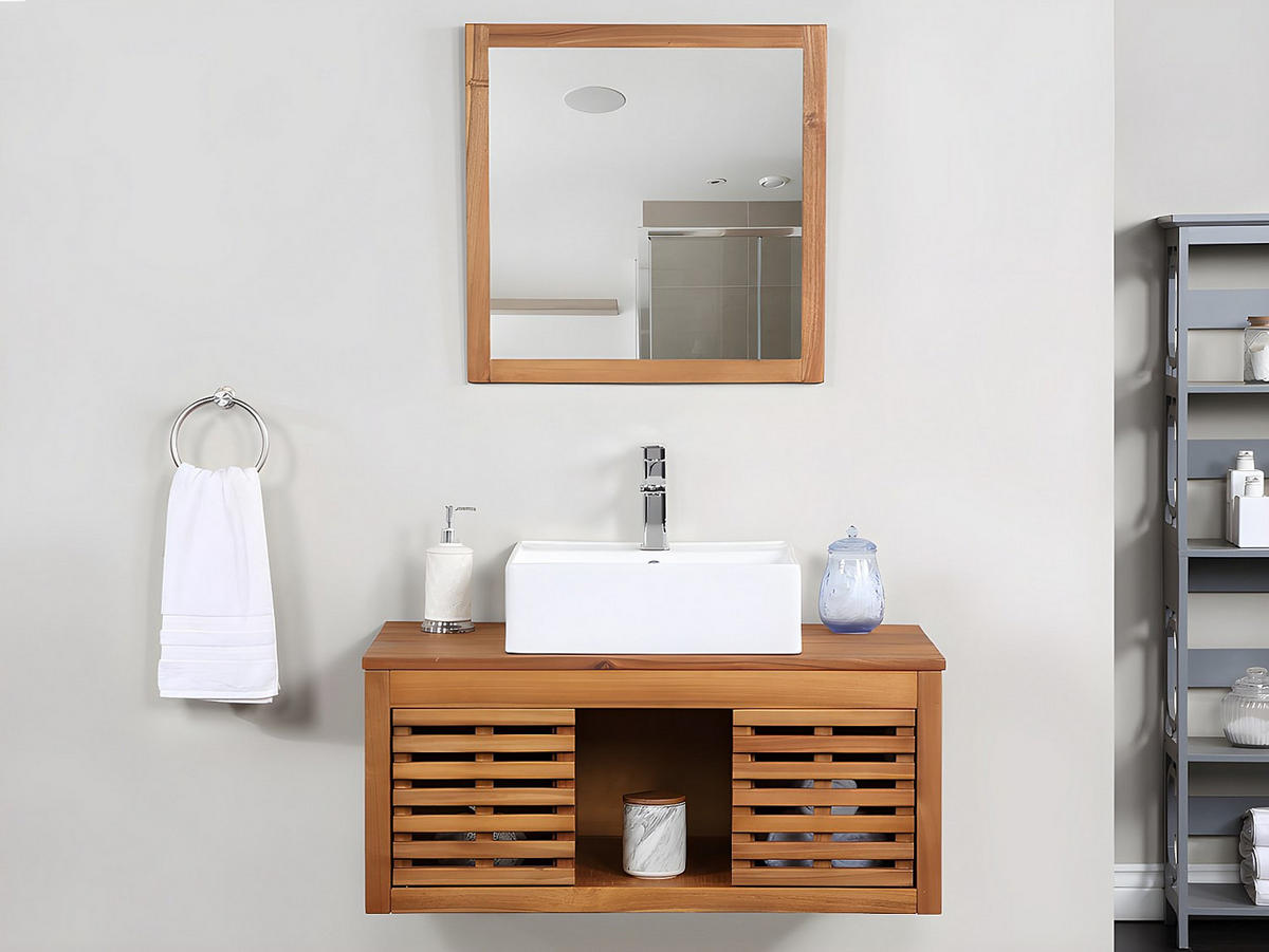 EINZELWASCHTISCH - 90 cm x 50 cm - Keramik, Holz, Platte - Naturfarben Dunkel - PENEBEL - Naturfarben, Keramik/Holz (90/40/50cm) - Vente-Unique