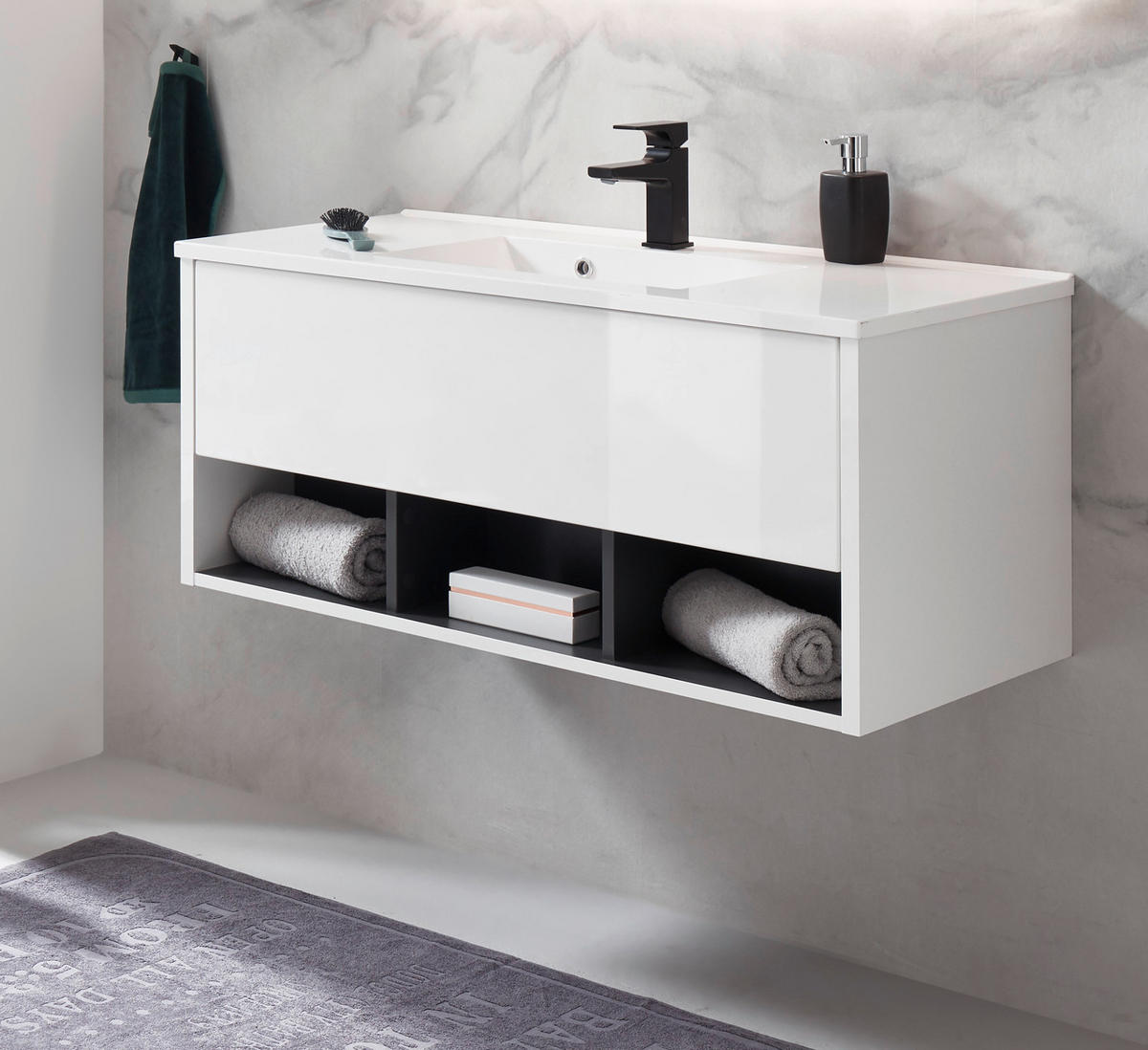 WASCHBECKENUNTERSCHRANK mit Waschbecken weiß Hochglanz, grau 100 cm - Weiß Hochglanz/Grau, Holzwerkstoff (100/44/47cm) - Furn.Design