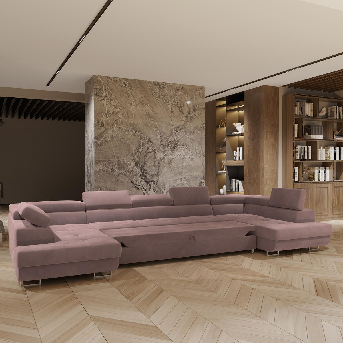 WOHNLANDSCHAFT ISOLANO Lila Velours-Stoff mit Schlaffunktion - Lila, Holz (408/90/202cm) - MASSENO