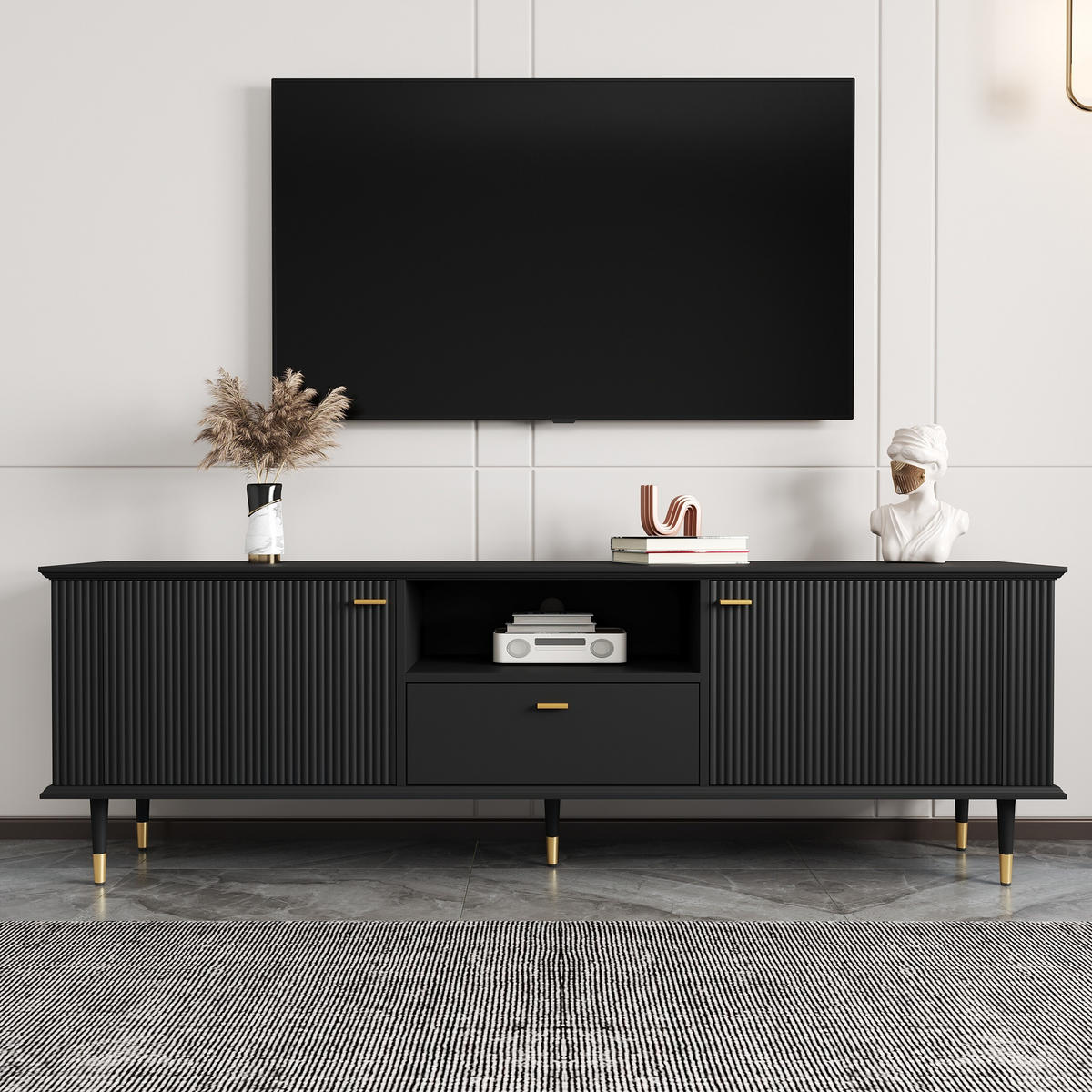 LOWBOARD in Weiß TV-Schrank mit offenen Fächern , Schubladen und Soft-Close-Scharniere, B170/T36/H54cm - Schwarz, Holzwerkstoff/Metall (170/54/36cm) - STILVORA