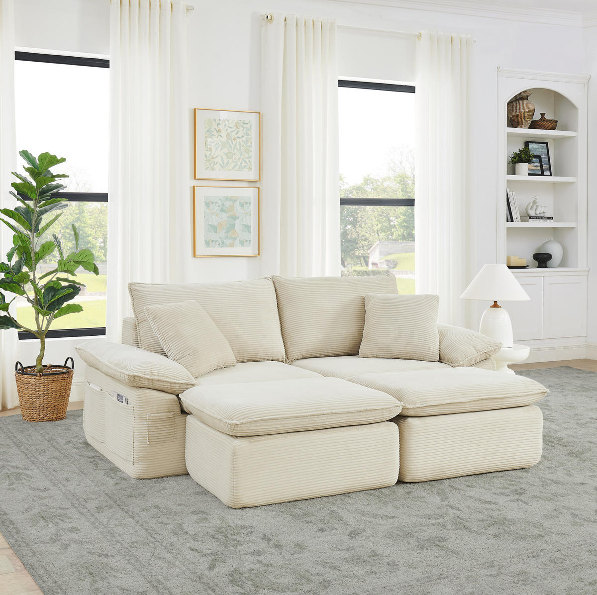 2-SITZER-BODENSOFA aus Stoff Beige ohne Montage mit Fußhocker und Aufbewahrungstaschen - Beige, Textil (156/65/206cm) - Modfu