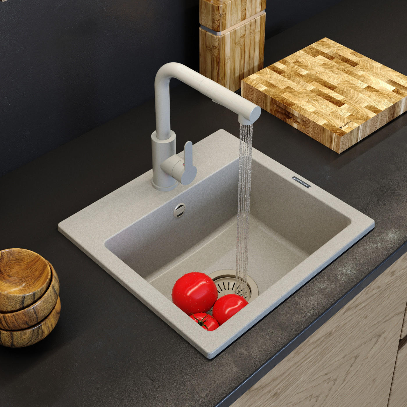 GRANITSPÜLE Teor mit Batterie Siphon - Beige, Kunststoff/Stein (42/17/46cm) - Granitan
