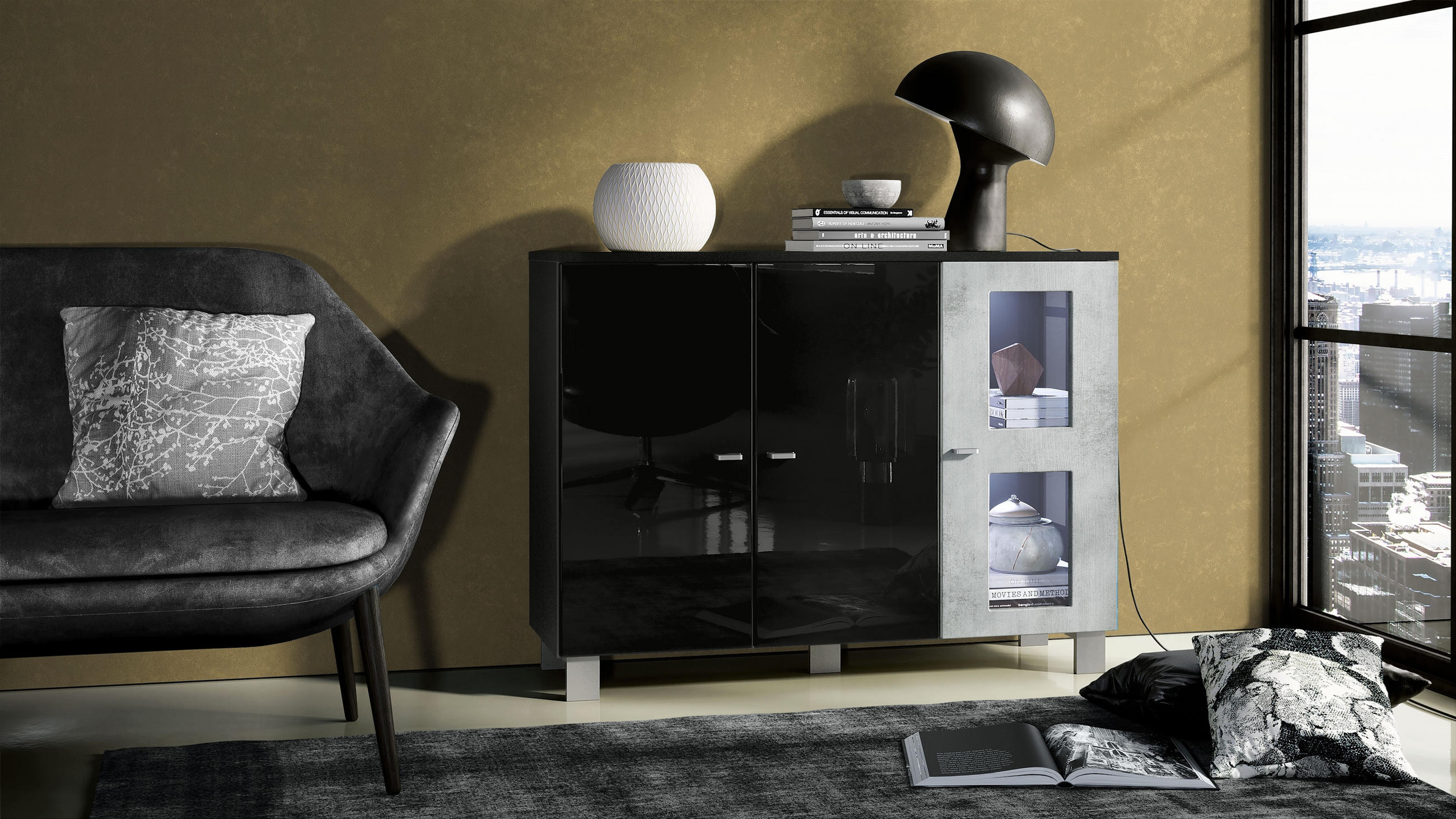 SIDEBOARD Denjo Tür in Beton Oxid Optik - Hellgrau, Holzwerkstoff (107/81/35cm) - Vladon