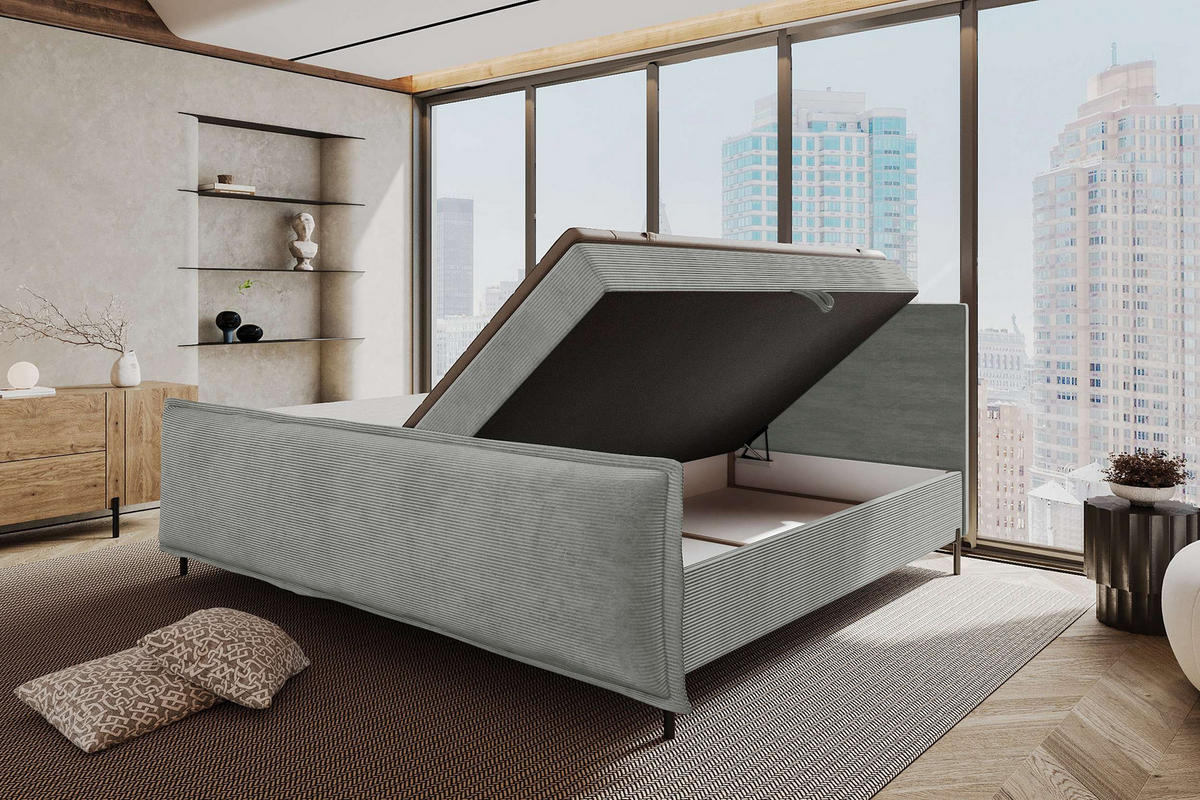 FAMILIENBETT BOXSPRINGBETT VERO PLUS Cordstoff Hellgrau 260/200 cm - Hellgrau/Schwarz, Holzwerkstoff/Textil (260/200cm) - 99rooms