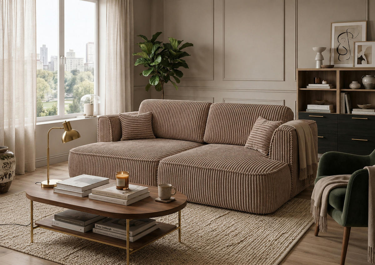 BIGSOFA COZI, Cappuccino mit Cordbezug - Cappuccino, Kunststoff/Textil (240/87/180cm) - KS Home Concept